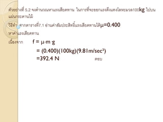 ตัวอย่างที่ 5.2 จงคานวณหาแรงเสียดทาน ในการที่จะออกแรงดึงแทงโลหะมวล100kg ไปบน
แผ่นกระดานไม้
วิธีทา จากตารางที่7.1 อ่านค่าสัมประสิทธิ์แรงเสียดทานได้μ=0.400
หาค่าแรงเสียดทาน
เนื่องจาก f = μ·m·g
= (0.400)(100kg)(9.81m/sec²)
=392.4 N ตอบ
 