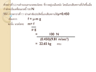 ตัวอย่างที่ 5.3 จงคานวณหามวลของโลหะ ที่วางอยู่บนผืนหนัง โดยมีแรงเสียดทานที่เกิดขึ้นเมื่อ
กาลังจะเริ่มเคลื่อนมวลนี้100 N
วิธีทา จากตารางที่ 7.1 อ่านค่าสัมประสิทธิ์แรงเสียดทานได้µ=0.450
เนื่องจาก f = μ·m·g
ฉะนั้น มวลโลหะ m= f
µ·g
= 100 N
(0.450)(9.81 m/sec²)
= 22.65 kg ตอบ
 