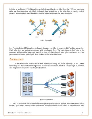 White Paper: FTTH Network Solution 2
In Point to Multipoint (P2MP) topology a single feeder fiber is provided from the POP...