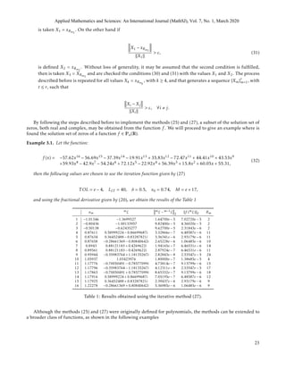 is taken X1 = xRm2
. On the other hand if
X1 − xRm2
X1
> ε, (31)
is deﬁned X2 = xRm2
. Without loss of generality, it may be assumed that the second condition is fulﬁlled,
then is taken X3 = XRm3
and are checked the conditions (30) and (31) with the values X1 and X2. The process
described before is repeated for all values Xk = xRmk
, with k ≥ 4, and that generates a sequence {Xm}t
m=1, with
t ≤ r, such that
Xi − Xj
Xi
> ε, ∀i j.
By following the steps described before to implement the methods (25) and (27), a subset of the solution set of
zeros, both real and complex, may be obtained from the function f . We will proceed to give an example where is
found the solution set of zeros of a function f ∈ Pn(R).
Example 3.1. Let the function:
f (x) = −57.62x16 − 56.69x15 − 37.39x14 − 19.91x13 + 35.83x12 − 72.47x11 + 44.41x10 + 43.53x9
+59.93x8 − 42.9x7 − 54.24x6 + 72.12x5 − 22.92x4 + 56.39x3 + 15.8x2 + 60.05x + 55.31,
(32)
then the following values are chosen to use the iteration function given by (27)
T OL = e − 4, LIT = 40, δ = 0.5, x0 = 0.74, M = e + 17,
and using the fractional derivative given by (20), we obtain the results of the Table 1
αm
mξ mξ − m−1ξ 2
f (mξ) 2 Rm
1 −1.01346 −1.3699527 1.64700e − 5 7.02720e − 5 2
2 −0.80436 −1.00133957 9.82400e − 5 4.36020e − 5 2
3 −0.50138 −0.62435277 9.62700e − 5 2.31843e − 6 2
4 0.87611 0.58999224 − 0.86699687i 3.32866e − 7 6.48587e − 6 11
5 0.87634 0.36452488 − 0.83287821i 3.36341e − 6 2.93179e − 6 11
6 0.87658 −0.28661369 − 0.80840642i 2.65228e − 6 1.06485e − 6 10
7 0.8943 0.88121183 + 0.4269622i 1.94165e − 7 6.46531e − 6 14
8 0.89561 0.88121183 − 0.4269622i 2.87924e − 7 6.46531e − 6 11
9 0.95944 −0.35983764 + 1.18135267i 2.82843e − 8 2.53547e − 5 24
10 1.05937 1.03423976 1.80000e − 7 1.38685e − 5 4
11 1.17776 −0.70050491 − 0.78577099i 4.73814e − 7 9.13799e − 6 15
12 1.17796 −0.35983764 − 1.18135267i 4.12311e − 8 2.53547e − 5 17
13 1.17863 −0.70050491 + 0.78577099i 8.65332e − 7 9.13799e − 6 18
14 1.17916 0.58999224 + 0.86699687i 7.05195e − 7 6.48587e − 6 12
15 1.17925 0.36452488 + 0.83287821i 2.39437e − 6 2.93179e − 6 9
16 1.22278 −0.28661369 + 0.80840642i 5.36985e − 6 1.06485e − 6 9
Table 1: Results obtained using the iterative method (27).
Although the methods (25) and (27) were originally deﬁned for polynomials, the methods can be extended to
a broader class of functions, as shown in the following examples
Applied Mathematics and Sciences: An International Journal (MathSJ), Vol. 7, No. 1, March 2020
23
 