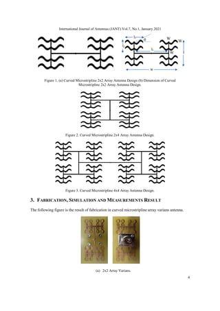 International Journal of Antennas (JANT) Vol.7, No.1, January 2021
4
Figure 1. (a) Curved Microstripline 2x2 Array Antenna Design (b) Dimension of Curved
Microstripline 2x2 Array Antenna Design.
Figure 2. Curved Microstripline 2x4 Array Antenna Design.
Figure 3. Curved Microstripline 4x4 Array Antenna Design.
3. FABRICATION, SIMULATION AND MEASUREMENTS RESULT
The following figure is the result of fabrication in curved microstripline array varians antenna.
(a) 2x2 Array Varians.
l
g
w
g
g
W
1
W
2
W
3
l1
l2

l3
 