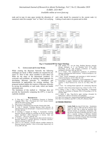 International Journal of Research in Advent Technology, Vol.7, No.12, December 2019
E-ISSN: 2321-9637
Available online at www.ijrat.org
7
node and its type ii) state space include the allocation of
numerical value (for example “true” or “false”) iii) verifying
each node should be connected to the current node iv)
Linking of each node to its parent and its child.
Fig. 2: Translated BN for Super Ontology
V. CONCLUSION & FUTURE WORK
While creating the Bayesian Networks the following
challenges are faced: i) What variables are required for any
issue? ii) How to link these variables to each other? iii)
What are the states of the determined variables? To
overcome such problems, an ontology based approach for
developing Bayesian networks is introduced and
demonstrate its applicability for existing ontology. The
proposed method enables the creation of Bayesian networks
by giving the probablity at each node, which can handle
uncertainty also.
The limitations of this method is: Ontology does not
provide the functionsfor computing the CPT’s, it must be
explicitly modeled.
REFERENCES
[1] Z. Ding and Y. Peng, “A Probabilistic Extension to Ontology
Language OWL,” Proc. 37th Hawaii Int’l Conf. System Sciences
(HICSS 04), IEEE CS Press, 2004.
[2] http://www.w3.org/2004/OWL
[3] R. Neapolitan. Learning Bayesian networks. Prentice Hall, 2003.
[4] W. Lam, F. Bacchus, “Learning Bayesian belief networks: an
approach based on the mdl principle”, Computational Intelligence, vol
10, 1994. 269–293.
[5] P. Larrafiaga, C. Kuijpers, R. Murga, Y. Yurramendi, “Learning
Bayesian network structures by searching for the best ordering with
genetic algorithms”, IEEE Transactions on Systems, Man, and
Cybernetics — Part A 26, 1996 487–493.
[6] N. Friedman, D. Koller, “Being Bayesian about network structure. a
Bayesian approach to structure discovery in Bayesian networks”,
Machine Learning 50, 2003, 95–125.
[7] E.R.H. Jr., N.F. Ebecken, “Towards efficient variables ordering for
Bayesian networks classifier”, Data & Knowledge Engineering, vol
63 (2), 2007 258–269.
[8] E.M. Helsper, L.C. van der Gaag, Building Bayesian networks
through ontologies, in: F. van Harmelen (Ed.), ECAI 2002:
Proceedings of the 15th European Conference on Artificial
Intelligence, IOS Press, 2002, pp. 680–684.
[9] G. F. Cooper, “The computational complexity of probabilistic
inference using Bayesian belief network,” Artificial Intelligence, vol.
42, 1990, 393–405.
[10] J. Pearl, “Fusion, propagation and structuring in belief networks,”
Artificial Intelligence, vol. 29, 1986, 241–248.
[11] S. L. Lauritzen and D. J. Spiegelhalter, “Local computation with
a. Probabilities in graphic structures and their applications in expert
systems,” J. Royal Statistical Soc. Series B, vol. 50(2), 1988, 157–
224.
[12] S. Fenz. “An ontology-based approach for constructing Bayesian
networks”, Data & Knowledge Engineering, volume 73, 2012, 73–88.
[13] S. Zhang, Y. Sun, Y. Peng, X. Wang, BayesOWL: A Prototypes
System for Uncertainty in Semantic Web. In Proceedings of IC-AI,
678-684, 2009.
[14] S. Malik, S. Jain, “Sup_Ont:An upper ontology (Accepted for
Publication),” IJWLTT, IGI Global, to be published.
[15] http://www.umich.edu/~umjains/jainismsimplified/chapter03.html.
[16] http://www.jainlbrary.org/JAB/11_JAB_2015_Manual_Finpdf.
AUTHORS PROFILE
Sonika Malik has done B.Tech from Kurukshetra
University, India in 2004 and did her Masters from
MMU in 2010. She is doing her doctorate from
National Institute of technology, Kurukshetra. She
has served in the field of education from last 12 years
and is currently working at Maharaja Surajmal
Institute of Technology, Delhi. Her current research
interests are in the area of Sematic Web, Knowledge
representation and Ontology Design.
 