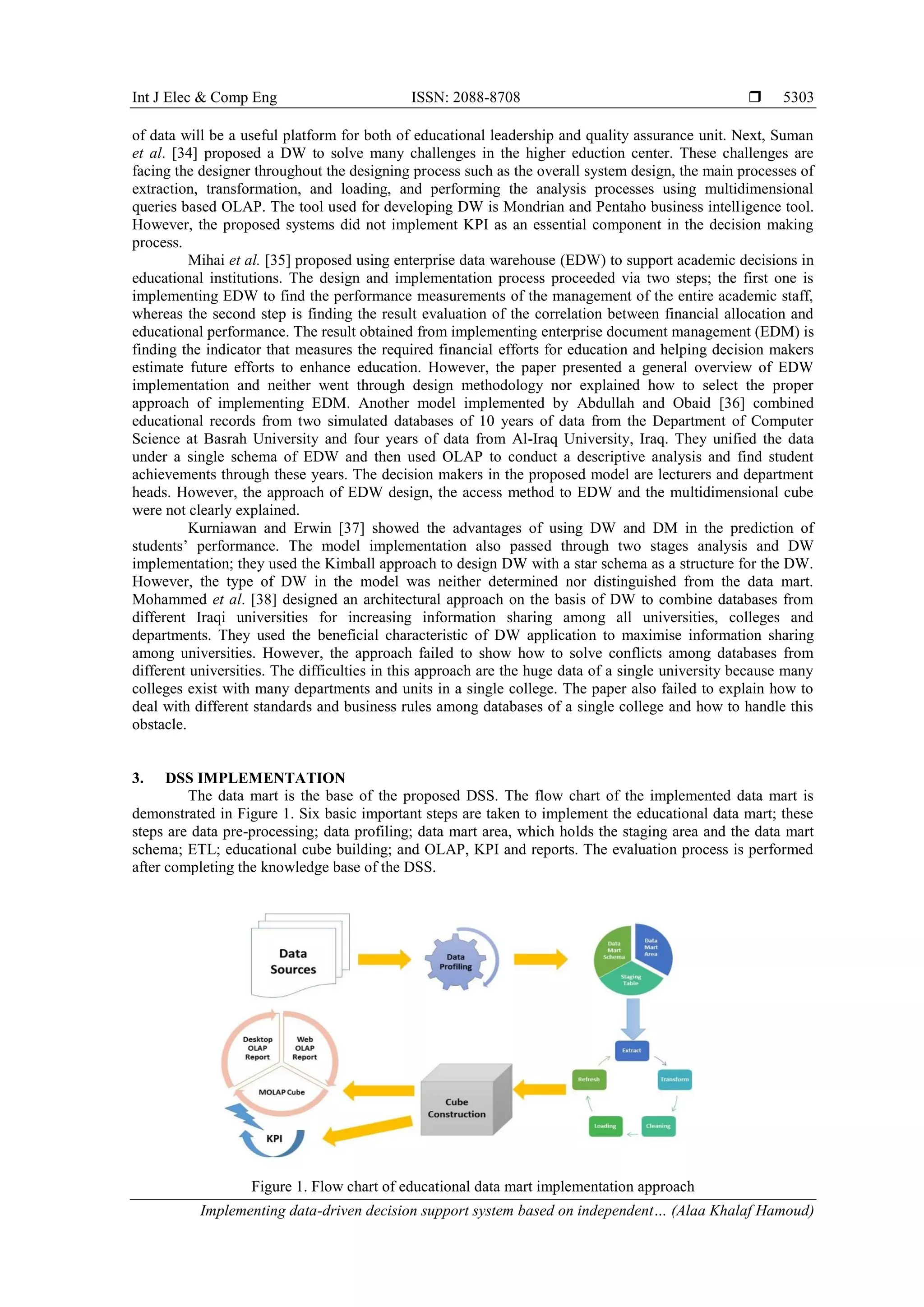 Int J Elec & Comp Eng ISSN: 2088-8708 
Implementing data-driven decision support system based on independent… (Alaa Khalaf Hamoud)
5303
of data will be a useful platform for both of educational leadership and quality assurance unit. Next, Suman
et al. [34] proposed a DW to solve many challenges in the higher eduction center. These challenges are
facing the designer throughout the designing process such as the overall system design, the main processes of
extraction, transformation, and loading, and performing the analysis processes using multidimensional
queries based OLAP. The tool used for developing DW is Mondrian and Pentaho business intelligence tool.
However, the proposed systems did not implement KPI as an essential component in the decision making
process.
Mihai et al. [35] proposed using enterprise data warehouse (EDW) to support academic decisions in
educational institutions. The design and implementation process proceeded via two steps; the first one is
implementing EDW to find the performance measurements of the management of the entire academic staff,
whereas the second step is finding the result evaluation of the correlation between financial allocation and
educational performance. The result obtained from implementing enterprise document management (EDM) is
finding the indicator that measures the required financial efforts for education and helping decision makers
estimate future efforts to enhance education. However, the paper presented a general overview of EDW
implementation and neither went through design methodology nor explained how to select the proper
approach of implementing EDM. Another model implemented by Abdullah and Obaid [36] combined
educational records from two simulated databases of 10 years of data from the Department of Computer
Science at Basrah University and four years of data from Al-Iraq University, Iraq. They unified the data
under a single schema of EDW and then used OLAP to conduct a descriptive analysis and find student
achievements through these years. The decision makers in the proposed model are lecturers and department
heads. However, the approach of EDW design, the access method to EDW and the multidimensional cube
were not clearly explained.
Kurniawan and Erwin [37] showed the advantages of using DW and DM in the prediction of
students’ performance. The model implementation also passed through two stages analysis and DW
implementation; they used the Kimball approach to design DW with a star schema as a structure for the DW.
However, the type of DW in the model was neither determined nor distinguished from the data mart.
Mohammed et al. [38] designed an architectural approach on the basis of DW to combine databases from
different Iraqi universities for increasing information sharing among all universities, colleges and
departments. They used the beneficial characteristic of DW application to maximise information sharing
among universities. However, the approach failed to show how to solve conflicts among databases from
different universities. The difficulties in this approach are the huge data of a single university because many
colleges exist with many departments and units in a single college. The paper also failed to explain how to
deal with different standards and business rules among databases of a single college and how to handle this
obstacle.
3. DSS IMPLEMENTATION
The data mart is the base of the proposed DSS. The flow chart of the implemented data mart is
demonstrated in Figure 1. Six basic important steps are taken to implement the educational data mart; these
steps are data pre-processing; data profiling; data mart area, which holds the staging area and the data mart
schema; ETL; educational cube building; and OLAP, KPI and reports. The evaluation process is performed
after completing the knowledge base of the DSS.
Figure 1. Flow chart of educational data mart implementation approach
 