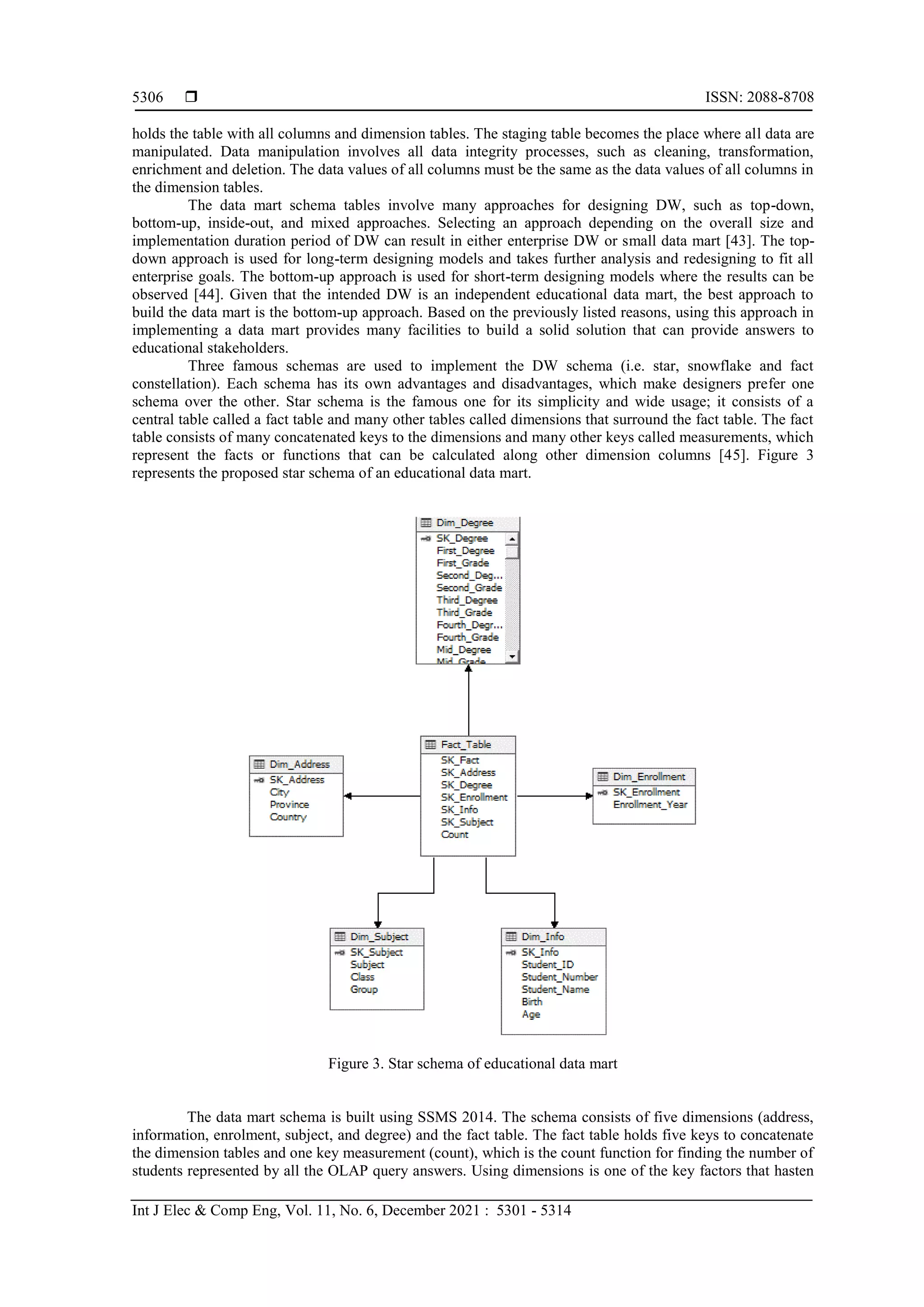  ISSN: 2088-8708
Int J Elec & Comp Eng, Vol. 11, No. 6, December 2021 : 5301 - 5314
5306
holds the table with all columns and dimension tables. The staging table becomes the place where all data are
manipulated. Data manipulation involves all data integrity processes, such as cleaning, transformation,
enrichment and deletion. The data values of all columns must be the same as the data values of all columns in
the dimension tables.
The data mart schema tables involve many approaches for designing DW, such as top-down,
bottom-up, inside-out, and mixed approaches. Selecting an approach depending on the overall size and
implementation duration period of DW can result in either enterprise DW or small data mart [43]. The top-
down approach is used for long-term designing models and takes further analysis and redesigning to fit all
enterprise goals. The bottom-up approach is used for short-term designing models where the results can be
observed [44]. Given that the intended DW is an independent educational data mart, the best approach to
build the data mart is the bottom-up approach. Based on the previously listed reasons, using this approach in
implementing a data mart provides many facilities to build a solid solution that can provide answers to
educational stakeholders.
Three famous schemas are used to implement the DW schema (i.e. star, snowflake and fact
constellation). Each schema has its own advantages and disadvantages, which make designers prefer one
schema over the other. Star schema is the famous one for its simplicity and wide usage; it consists of a
central table called a fact table and many other tables called dimensions that surround the fact table. The fact
table consists of many concatenated keys to the dimensions and many other keys called measurements, which
represent the facts or functions that can be calculated along other dimension columns [45]. Figure 3
represents the proposed star schema of an educational data mart.
Figure 3. Star schema of educational data mart
The data mart schema is built using SSMS 2014. The schema consists of five dimensions (address,
information, enrolment, subject, and degree) and the fact table. The fact table holds five keys to concatenate
the dimension tables and one key measurement (count), which is the count function for finding the number of
students represented by all the OLAP query answers. Using dimensions is one of the key factors that hasten
 