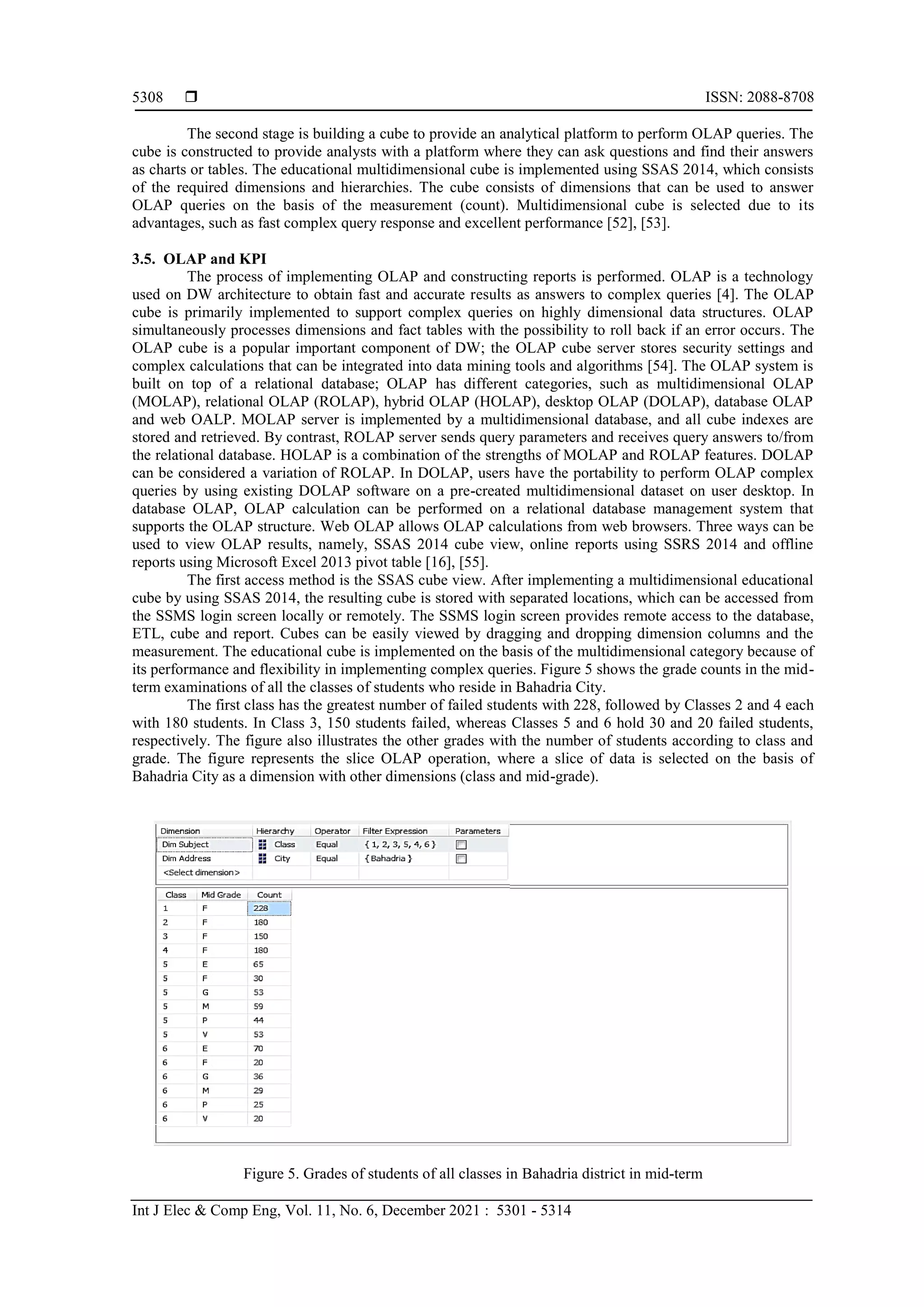  ISSN: 2088-8708
Int J Elec & Comp Eng, Vol. 11, No. 6, December 2021 : 5301 - 5314
5308
The second stage is building a cube to provide an analytical platform to perform OLAP queries. The
cube is constructed to provide analysts with a platform where they can ask questions and find their answers
as charts or tables. The educational multidimensional cube is implemented using SSAS 2014, which consists
of the required dimensions and hierarchies. The cube consists of dimensions that can be used to answer
OLAP queries on the basis of the measurement (count). Multidimensional cube is selected due to its
advantages, such as fast complex query response and excellent performance [52], [53].
3.5. OLAP and KPI
The process of implementing OLAP and constructing reports is performed. OLAP is a technology
used on DW architecture to obtain fast and accurate results as answers to complex queries [4]. The OLAP
cube is primarily implemented to support complex queries on highly dimensional data structures. OLAP
simultaneously processes dimensions and fact tables with the possibility to roll back if an error occurs. The
OLAP cube is a popular important component of DW; the OLAP cube server stores security settings and
complex calculations that can be integrated into data mining tools and algorithms [54]. The OLAP system is
built on top of a relational database; OLAP has different categories, such as multidimensional OLAP
(MOLAP), relational OLAP (ROLAP), hybrid OLAP (HOLAP), desktop OLAP (DOLAP), database OLAP
and web OALP. MOLAP server is implemented by a multidimensional database, and all cube indexes are
stored and retrieved. By contrast, ROLAP server sends query parameters and receives query answers to/from
the relational database. HOLAP is a combination of the strengths of MOLAP and ROLAP features. DOLAP
can be considered a variation of ROLAP. In DOLAP, users have the portability to perform OLAP complex
queries by using existing DOLAP software on a pre-created multidimensional dataset on user desktop. In
database OLAP, OLAP calculation can be performed on a relational database management system that
supports the OLAP structure. Web OLAP allows OLAP calculations from web browsers. Three ways can be
used to view OLAP results, namely, SSAS 2014 cube view, online reports using SSRS 2014 and offline
reports using Microsoft Excel 2013 pivot table [16], [55].
The first access method is the SSAS cube view. After implementing a multidimensional educational
cube by using SSAS 2014, the resulting cube is stored with separated locations, which can be accessed from
the SSMS login screen locally or remotely. The SSMS login screen provides remote access to the database,
ETL, cube and report. Cubes can be easily viewed by dragging and dropping dimension columns and the
measurement. The educational cube is implemented on the basis of the multidimensional category because of
its performance and flexibility in implementing complex queries. Figure 5 shows the grade counts in the mid-
term examinations of all the classes of students who reside in Bahadria City.
The first class has the greatest number of failed students with 228, followed by Classes 2 and 4 each
with 180 students. In Class 3, 150 students failed, whereas Classes 5 and 6 hold 30 and 20 failed students,
respectively. The figure also illustrates the other grades with the number of students according to class and
grade. The figure represents the slice OLAP operation, where a slice of data is selected on the basis of
Bahadria City as a dimension with other dimensions (class and mid-grade).
Figure 5. Grades of students of all classes in Bahadria district in mid-term
 