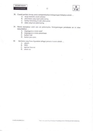DOKUMEN NEGAM

                                                     t2


  38'    Contoh perilaku hewan untuk mempertahankan kelangsungan hidupnya adalah ....
                A.rayap memiliki enzim selulase
                B,penciuman yang tajam pada anjing
                C.kerbau berkubang di saat udara panas
                D.cakar yang kuat pada kucing

 39,     Heroin merupakan Salah satu zat psikotropika. Ketergantungan pemakaian zat                        ini   akan
         menyebabkan....
                A.
                 terganggunya sistem saraf
                B.
                 terganggunya sistem pencemaan
                C.
                 kanker otak
                D.
                 kanker paru-paru

 40.       Zatkimia yang biasa digunakan sebagai pemanis buatan adalah....
                A. sakarin
                B, MSG
                C. natrium benzoat
                D. citrun zur




cl1-lt A-30-2009/20   I   0            ' I lak ( ipta patia l'usut l,cnilaian Pcndidikan-l]]AllI'I]ANC-KhIMFINDIKNAS
 