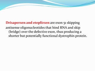 Drisapersen and eteplirsen are exon 51 skipping
antisense oligonucleotides that bind RNA and skip
(bridge) over the defective exon, thus producing a
shorter but potentially functional dystrophin protein.
 