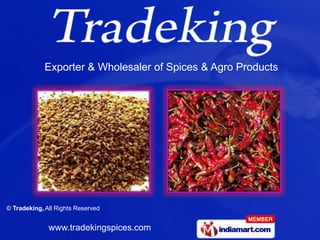 Exporter & Wholesaler of Spices & Agro Products




© Tradeking, All Rights Reserved


              www.tradekingspices.com
 