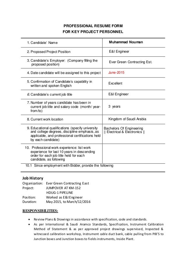 professional resume form for key project personnel 1 candidate name muhammad nouman 2 - How To Format A Resume professional resume form for key project personnel 1 candidate name muhammad nouman 2 - How To Format A Resume