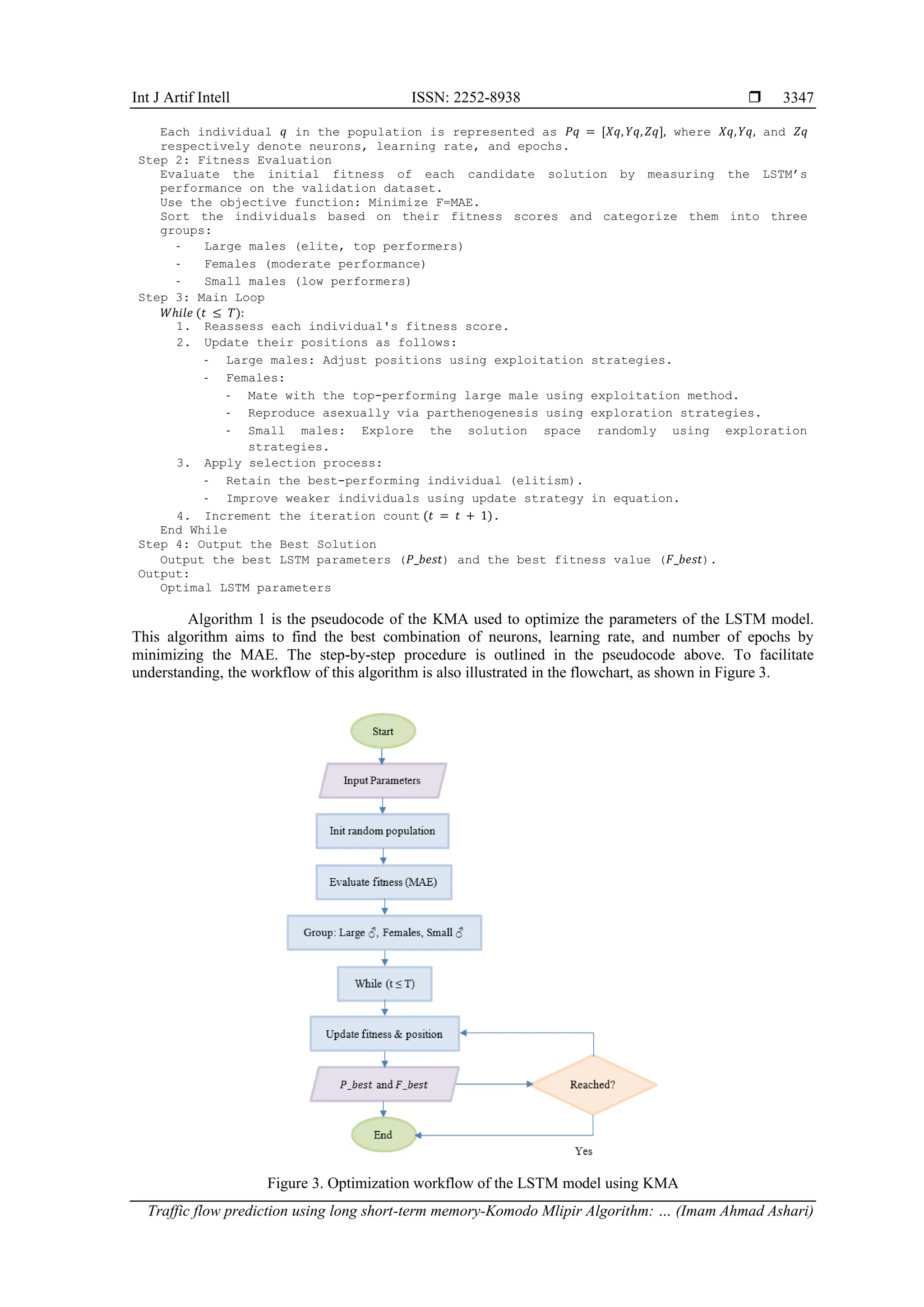 Int J Artif Intell ISSN: 2252-8938  Traffic flow prediction using long short-term memory-Komodo Mlipir Algorithm: … (Imam Ahmad Ashari) 3347 Each individual 𝑞 in the population is represented as 𝑃𝑞 = [𝑋𝑞, 𝑌𝑞,𝑍𝑞], where 𝑋𝑞,𝑌𝑞, and 𝑍𝑞 respectively denote neurons, learning rate, and epochs. Step 2: Fitness Evaluation Evaluate the initial fitness of each candidate solution by measuring the LSTM’s performance on the validation dataset. Use the objective function: Minimize F=MAE. Sort the individuals based on their fitness scores and categorize them into three groups: - Large males (elite, top performers) - Females (moderate performance) - Small males (low performers) Step 3: Main Loop 𝑊ℎ𝑖𝑙𝑒 (𝑡 ≤ 𝑇): 1. Reassess each individual's fitness score. 2. Update their positions as follows: - Large males: Adjust positions using exploitation strategies. - Females: - Mate with the top-performing large male using exploitation method. - Reproduce asexually via parthenogenesis using exploration strategies. - Small males: Explore the solution space randomly using exploration strategies. 3. Apply selection process: - Retain the best-performing individual (elitism). - Improve weaker individuals using update strategy in equation. 4. Increment the iteration count (𝑡 = 𝑡 + 1). End While Step 4: Output the Best Solution Output the best LSTM parameters (𝑃_𝑏𝑒𝑠𝑡) and the best fitness value (𝐹_𝑏𝑒𝑠𝑡). Output: Optimal LSTM parameters Algorithm 1 is the pseudocode of the KMA used to optimize the parameters of the LSTM model. This algorithm aims to find the best combination of neurons, learning rate, and number of epochs by minimizing the MAE. The step-by-step procedure is outlined in the pseudocode above. To facilitate understanding, the workflow of this algorithm is also illustrated in the flowchart, as shown in Figure 3. Figure 3. Optimization workflow of the LSTM model using KMA 