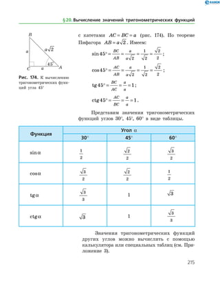 215
с ­ катетами AC BC a= = (рис. 174). По теореме
Пифагора AB a= 2 . Имеем:
sin45
2
1
2
2
2
 = = = =
BC
AB
a
a
;
cos45
2
1
2
2
2
 = = = =
AC
AB
a
a
;
tg45 1 = = =
BC
AC
a
a
;
ctg45 1 = = =
AC
BC
a
a
.
Представим значения тригонометрических
функций углов 30°, 45°, 60° в виде таблицы.
Рис. 174. К вычислению
тригонометрических функ­
ций угла 45°
Функция
Угол a
30° 45° 60°
sina 1
2
2
2
3
2
cosa 3
2
2
2
1
2
tga
3
3
1 3
ctga 3 1
3
3
Значения тригонометрических функций
других углов можно вычислить с помощью
калькулятора или специальных таблиц (см. При­
ложение 3).
§ 20.    Вычисление значений тригонометрических функций
 