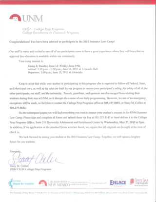 UNM Summer Camp Acceptance Letter