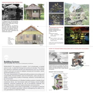 A Modern Bahay Kubo
Modular Tropical Apartment
Complex for 2050
Prefabricated house completely self-sufficient
Ability to operate independently, without the
need for any external utility or waste disposal
connections.
FROM ZERO
READAPT AND OLD BUILDING
CONTEMPORARY ARCHITECTURE
HOW TO TRANSFORM A BUILDING INTO A RESILIENT BUILDING?
images source: http://www.homedesignfind.
com/green/a-modular-tropical-apartment-
complex-for-2050/i
Modular building
Lower construction costs
and flexibility
Open porches close down
to protect the house during
tropical storms
RESILIENCE: The capacity of a system – be it a landscape, a coastal
area or a city – to deal with change and continue to develop. This means
the capacity to withstand shocks and disturbances such as a financial
crisis or use such an event to catalyse renewal and innovation. (www.
stockholmresilience.su.se.)
The main characteristics of traditional building systems are ecology and
sustainability, thermal isolation, time of construction, costs, security, du-
rability, soundproofing, quality of finishings, esthetics, functionallity and
its environment.
The main characteristics of a Resilient building systems, besides those
mentioned above, are: Economize water and energy, ensure healthy
buildings, maximize buildings life, use of eco-efficient materials, low
mass construction, minimize waste production and economics.
A resilient building which seeks sustainability, it is intended to meet the
needs of the present generation without endangering the ability of fu-
ture generations to meet their needs.
Building SystemsWater Management: From Vernacular to Contemporary Architecture
In Philippines they have successfully
mastered the ravages of the seasonal
typhoons with a long history of strug-
gle and adaptation.
With local resources, cost efficiency
and locally skills and materials, self
sufficiency was achieved transform-
ing vernacular architecture into a ver-
nacular (but more) sustainable and
contemporary approach.
VERNACULAR ARCHITECTURE: STARTING POINT
2
1
4 5
7
3 6
1 Warm air rises
2 Rain water runoff
3 Stilts
4 Cool air
5 Storage
6 Entry stairs
7 Shaded area
Legend:
2
1
2
1
Flat | Water | Slope
RAINWATER
COLLECTION
RAINWATER CASCADE SYSTEM
ROOF INSULATION
EXPOSED PERVASIVE
BUILDING ECOSYSTEM
SUSPENDED LED LIGHTING
INTERNAL GREEN WALLS
RADIANT FLOOR PANEL
LOW VOLTAGE NETWORK
IRRIGATION TRELLIS
DECENTRALIZED HEAT
RECOVERY VENTILATION
DECENTRALIZED SEASONAL
HEATSTORAGE AND PUMPS
RAINWATER CASCADE EFFLUENT
BIOSWALE WITH DIVERSE
WATER AND EDGE PLANTING
ZERO HOUSE
img 124
img 126
img 125
img 127
img 129
img 130
img 131
img 132
img 133
img 128
 
