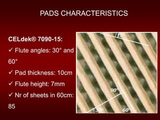 PADS CHARACTERISTICS
CELdek® 7090-15:
 Flute angles: 30° and
60°
 Pad thickness: 10cm
 Flute height: 7mm
 Nr of sheets in 60cm:
85
 