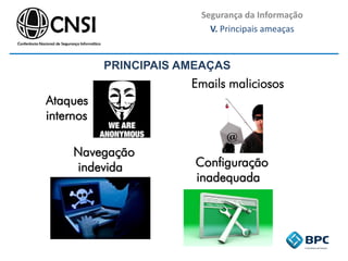 Segurança da Informação
V. Principais ameaças
PRINCIPAIS AMEAÇAS
Ataques
internos
Emails maliciosos
Navegação
indevida
na internet
Configuração
inadequada
 
