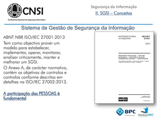 Segurança da Informação
II. SGSI – Conceitos
Sistema de Gestão de Segurança da Informação
ABNT NBR ISO/IEC 27001:2013
Tem como objectivo prover um
modelo para estabelecer,
implementar, operar, monitorar,
analisar criticamente, manter e
melhorar um SGSI.
O Anexo A, de carácter normativo,
contém os objetivos de controlos e
controlos conforme descritos em
detalhes na ISO/IEC 27002:2013.
A participação das PESSOAS é
fundamental
 