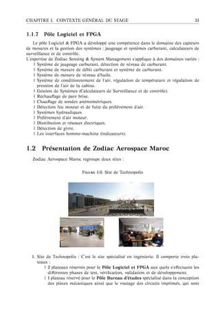 CHAPITRE 1. CONTEXTE G ´EN ´ERAL DU STAGE 31
1.1.7 Pˆole Logiciel et FPGA
Le pˆole Logiciel & FPGA a d´evelopp´e une comp´etence dans le domaine des capteurs
de mesures et la gestion des syst`emes : jaugeage et syst`emes carburant, calculateurs de
surveillance et de contrˆole.
L’expertise de Zodiac Sensing & System Management s’applique `a des domaines vari´es :
| Syst`eme de jaugeage carburant, d´etection de niveau de carburant.
| Syst`eme de mesure de d´ebit carburant et syst`eme de carburant.
| Syst`eme de mesure de niveau d’huile.
| Syst`eme de conditionnement de l’air, r´egulation de temp´erature et r´egulation de
pression de l’air de la cabine.
| Gestion de Syst`emes (Calculateurs de Surveillance et de contrˆole).
| R´echauﬀage de pare brise.
| Chauﬀage de sondes an´emom´etriques.
| D´etection feu moteur et de fuite du pr´el`evement d’air.
| Syst`emes hydrauliques.
| Pr´el`evement d’air moteur.
| Distribution et r´eseaux ´electriques.
| D´etection de givre.
| Les interfaces homme-machine (indicateurs).
1.2 Pr´esentation de Zodiac Aerospace Maroc
Zodiac Aerospace Maroc regroupe deux sites :
F 1.6: Site de Technopolis
1. Site de Technopolis : C’est le site sp´ecialis´e en ing´enierie. Il comporte trois pla-
teaux :
| 2 plateaux r´eserv´es pour le Pˆole Logiciel et FPGA aux quels s’eﬀectuent les
diﬀ´erentes phases de test, v´eriﬁcation, validation et de d´eveloppement.
| 1 plateau r´eserv´e pour le Pˆole Bureau d’´etudes sp´ecialis´e dans la conception
des pi`eces m´ecaniques ainsi que le routage des circuits imprim´es, qui sont
 