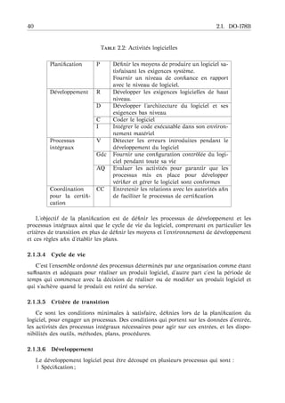 40 2.1. DO-178B
T 2.2: Activit´es logicielles
Planiﬁcation P D´eﬁnir les moyens de produire un logiciel sa-
tisfaisant les exigences syst`eme.
Fournir un niveau de conﬁance en rapport
avec le niveau de logiciel.
D´eveloppement R D´evelopper les exigences logicielles de haut
niveau.
D D´evelopper l’architecture du logiciel et ses
exigences bas niveau
C Coder le logiciel
I Int´egrer le code ex´ecutable dans son environ-
nement mat´eriel
Processus
int´egraux
V D´etecter les erreurs introduites pendant le
d´eveloppement du logiciel
Gdc Fournir une conﬁguration contrˆol´ee du logi-
ciel pendant toute sa vie
AQ Evaluer les activit´es pour garantir que les
processus mis en place pour d´evelopper
v´eriﬁer et g´erer le logiciel sont conformes
Coordination
pour la certiﬁ-
cation
CC Entretenir les relations avec les autorit´es aﬁn
de faciliter le processus de certiﬁcation
L’objectif de la planiﬁcation est de d´eﬁnir les processus de d´eveloppement et les
processus int´egraux ainsi que le cycle de vie du logiciel, comprenant en particulier les
crit`eres de transition en plus de d´eﬁnir les moyens et l’environnement de d´eveloppement
et ces r`egles aﬁn d’´etablir les plans.
2.1.3.4 Cycle de vie
C’est l’ensemble ordonn´e des processus d´etermin´es par une organisation comme ´etant
suﬃsants et ad´equats pour r´ealiser un produit logiciel, d’autre part c’est la p´eriode de
temps qui commence avec la d´ecision de r´ealiser ou de modiﬁer un produit logiciel et
qui s’ach`eve quand le produit est retir´e du service.
2.1.3.5 Crit `ere de transition
Ce sont les conditions minimales `a satisfaire, d´eﬁnies lors de la planiﬁcation du
logiciel, pour engager un processus. Des conditions qui portent sur les donn´ees d’entr´ee,
les activit´es des processus int´egraux n´ecessaires pour agir sur ces entr´ees, et les dispo-
nibilit´es des outils, m´ethodes, plans, proc´edures.
2.1.3.6 D´eveloppement
Le d´eveloppement logiciel peut ˆetre d´ecoup´e en plusieurs processus qui sont :
| Sp´eciﬁcation ;
 