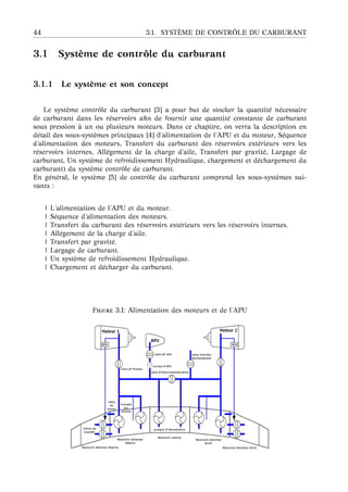 44 3.1. SYST `EME DE CONTR ˆOLE DU CARBURANT
3.1 Syst `eme de contrˆole du carburant
3.1.1 Le syst `eme et son concept
Le syst`eme contrˆole du carburant [3] a pour but de stocker la quantit´e n´ecessaire
de carburant dans les r´eservoirs aﬁn de fournir une quantit´e constante de carburant
sous pression `a un ou plusieurs moteurs. Dans ce chapitre, on verra la description en
d´etail des sous-syst`emes principaux [4] (l’alimentation de l’APU et du moteur, S´equence
d’alimentation des moteurs, Transfert du carburant des r´eservoirs ext´erieurs vers les
r´eservoirs internes, All´egement de la charge d’aile, Transfert par gravit´e, Largage de
carburant, Un syst`eme de refroidissement Hydraulique, chargement et d´echargement du
carburant) du syst`eme contrˆole de carburant.
En g´en´eral, le syst`eme [5] de contrˆole du carburant comprend les sous-syst`emes sui-
vants :
| L’alimentation de l’APU et du moteur.
| S´equence d’alimentation des moteurs.
| Transfert du carburant des r´eservoirs ext´erieurs vers les r´eservoirs internes.
| All´egement de la charge d’aile.
| Transfert par gravit´e.
| Largage de carburant.
| Un syst`eme de refroidissement Hydraulique.
| Chargement et d´echarger du carburant.
F 3.1: Alimentation des moteurs et de l’APU
 