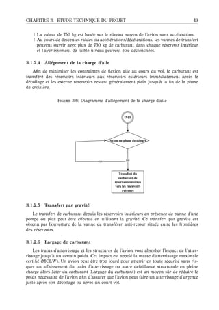 CHAPITRE 3. ´ETUDE TECHNIQUE DU PROJET 49
| La valeur de 750 kg est bas´ee sur le niveau moyen de l’avion sans acc´el´eration.
| Au cours de descentes raides ou acc´el´erations/d´ec´el´erations, les vannes de transfert
peuvent ouvrir avec plus de 750 kg de carburant dans chaque r´eservoir int´erieur
et l’avertissement de faible niveau peuvent ˆetre d´eclench´ees.
3.1.2.4 All´egement de la charge d’aile
Aﬁn de minimiser les contraintes de ﬂexion aile au cours du vol, le carburant est
transf´er´e des r´eservoirs int´erieurs aux r´eservoirs ext´erieurs imm´ediatement apr`es le
d´ecollage et les externe r´eservoirs restent g´en´eralement plein jusqu’ `a la ﬁn de la phase
de croisi`ere.
F 3.6: Diagramme d’all´egement de la charge d’aile
3.1.2.5 Transfert par gravit´e
Le transfert de carburant depuis les r´eservoirs int´erieurs en pr´esence de panne d’une
pompe ou plus peut ˆetre eﬀectu´e en utilisant la gravit´e. Ce transfert par gravit´e est
obtenu par l’ouverture de la vanne de transf´erer anti-retour situ´ee entre les fronti`eres
des r´eservoirs.
3.1.2.6 Largage de carburant
Les trains d’atterrissage et les structures de l’avion vont absorber l’impact de l’atter-
rissage jusqu’ `a un certain poids. Cet impact est appel´e la masse d’atterrissage maximale
certiﬁ´e (MCLW). Un avion peut ˆetre trop lourd pour atterrir en toute s´ecurit´e sans ris-
quer un aﬀaissement du train d’atterrissage ou autre d´efaillance structurale en pleine
charge alors Jeter du carburant (Largage du carburant) est un moyen sˆur de r´eduire le
poids n´ecessaire de l’avion aﬁn d’assurer que l’avion peut faire un atterrissage d’urgence
juste apr`es son d´ecollage ou apr`es un court vol.
 
