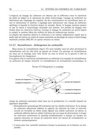 50 3.1. SYST `EME DE CONTR ˆOLE DU CARBURANT
L’exigence de largage du carburant est obtenue par la diﬀ´erence entre le maximum
du poids de d´epart et le maximum du poids d’atterrissage. Largage de carburant est
s´electionn´e par l’´equipage de conduite via des commutateurs de surveillance pour ar-
mer et s´electionner le syst`eme. L’´equipage peut s´electionner une charge de carburant
sp´eciﬁque `a laquelle la fonction largu´e est annul´ee. Sinon, le largage continue jusqu’ `a
ce que la masse `a l’atterrissage maximale soit atteinte. Les pompes de largage sont
situ´ees dans les r´eservoirs internes. Lorsque le largage du carburant est activ´e depuis
le cockpit, le syst`eme lib`ere des milliers de kilos de carburant par minute.
La plupart des syst`emes lib`erent le carburant `a un rythme suﬃsamment rapide que le
poids total de l’avion est r´eduit de masse maximale au d´ecollage de masse `a l’atterrissage
maximale certiﬁ´ee (MCLW) en quinze minutes ou moins.
3.1.2.7 Ravitaillement - d´echargement du combustible
Deux points de ravitaillement (ﬁgure 3.7) sont install´es sous les ailes permettant le
ravitaillement soit du cˆot´e droit ou gauche de l’avion. Un panneau de ravitaillement
est situ´e sur le fuselage sous l’aile droite ou sous la droite ou la gauche `a cˆot´e de
l’accouplement de chargement.
Une galerie relie le raccord de ravitaillement en carburant `a la soupape de ravitaillement
en carburant de chaque r´eservoir. Le ravitaillement est normalement automatique, la
F 3.7: Chargement et couplage
charge de carburant n´ecessaire ´etant mise sur la pr´es´election. Le contrˆole manuel est
´egalement disponible.
| Ravitaillement automatique [6] commence par les cellules ext´erieures. Si la charge
de carburant s´electionn´e d´epasse la capacit´e du r´eservoir de l’aile, le r´eservoir
central est ravitaill´e en mˆeme temps. Quand une cellule ext´erieure est pleine, le
carburant d´eborde dans la cellule int´erieure par un tuyau de d´eversement. Lorsque
les r´eservoirs contiennent la quantit´e pr´es´electionn´ee `a charger ou lorsque les
capteurs d´etectent un niveau de carburant ´elev´e, les vannes de ravitaillement se
ferment automatiquement.
| L’avion peut ˆetre ravitaill´e seulement lorsque la puissance de la batterie est dis-
ponible.
 