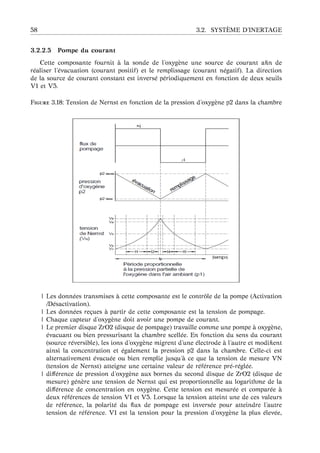 58 3.2. SYST `EME D’INERTAGE
3.2.2.5 Pompe du courant
Cette composante fournit `a la sonde de l’oxyg`ene une source de courant aﬁn de
r´ealiser l’´evacuation (courant positif) et le remplissage (courant n´egatif). La direction
de la source de courant constant est invers´e p´eriodiquement en fonction de deux seuils
V1 et V5.
F 3.18: Tension de Nernst en fonction de la pression d’oxyg`ene p2 dans la chambre
| Les donn´ees transmises `a cette composante est le contrˆole de la pompe (Activation
/D´esactivation).
| Les donn´ees re¸cues `a partir de cette composante est la tension de pompage.
| Chaque capteur d’oxyg`ene doit avoir une pompe de courant.
| Le premier disque ZrO2 (disque de pompage) travaille comme une pompe `a oxyg`ene,
´evacuant ou bien pressurisant la chambre scell´ee. En fonction du sens du courant
(source r´eversible), les ions d’oxyg`ene migrent d’une ´electrode `a l’autre et modiﬁent
ainsi la concentration et ´egalement la pression p2 dans la chambre. Celle-ci est
alternativement ´evacu´ee ou bien remplie jusqu’ `a ce que la tension de mesure VN
(tension de Nernst) atteigne une certaine valeur de r´ef´erence pr´e-r´egl´ee.
| diﬀ´erence de pression d’oxyg`ene aux bornes du second disque de ZrO2 (disque de
mesure) g´en`ere une tension de Nernst qui est proportionnelle au logarithme de la
diﬀ´erence de concentration en oxyg`ene. Cette tension est mesur´ee et compar´ee `a
deux r´ef´erences de tension V1 et V5. Lorsque la tension atteint une de ces valeurs
de r´ef´erence, la polarit´e du ﬂux de pompage est invers´ee pour atteindre l’autre
tension de r´ef´erence. V1 est la tension pour la pression d’oxyg`ene la plus ´elev´ee,
 