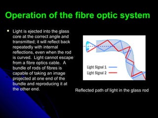 Operation of the fibre optic systemOperation of the fibre optic system
 Light is ejected into the glassLight is ejected into the glass
core at the correct angle andcore at the correct angle and
transmitted; it will reflect backtransmitted; it will reflect back
repeatedly with internalrepeatedly with internal
reflections, even when the rodreflections, even when the rod
is curved. Light cannot escapeis curved. Light cannot escape
from a fibre optics cable. Afrom a fibre optics cable. A
bundle of rods of fibres isbundle of rods of fibres is
capable of taking an imagecapable of taking an image
projected at one end of theprojected at one end of the
bundle and reproducing it atbundle and reproducing it at
the other end.the other end. Reflected path of light in the glass rod
 