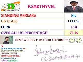 P.SAKTHYVEL
STANDING ARREARS NIL
UG CLASS I CLASS
CGPA 7.14
OVER ALL UG PERCENTAGE 71 %
BEST WISHES FOR YOUR FUTURE !!!
By,
Mr.S.SANTHOSH KUMAR B.E.,
STUDENT CO-ORDINATOR,
BATCH(2013-2017),
DEPARTMENT OF EEE,
SNSCE/CBE-641107
PHONE:8526887770
 