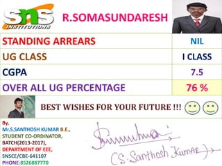 R.SOMASUNDARESH
STANDING ARREARS NIL
UG CLASS I CLASS
CGPA 7.5
OVER ALL UG PERCENTAGE 76 %
BEST WISHES FOR YOUR FUTURE !!!
By,
Mr.S.SANTHOSH KUMAR B.E.,
STUDENT CO-ORDINATOR,
BATCH(2013-2017),
DEPARTMENT OF EEE,
SNSCE/CBE-641107
PHONE:8526887770
 