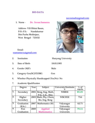 BIO-DATA
1. Name - Dr. Sovan Samanta
Address- Vill-Dhitai Basan,
P.O.+P.S.- Nandakumar
Dist-Purba Medinipur,
West Bengal- 721632
Email-
ssamantavu@gmail.com
navosmath@gmail.com
2. Institution- Hanyang University
3. Date of Birth- 18.03.1985
4. Gender (M/F)- Male
5. Category Gen/SC/ST/OBC- Gen
6. Whether Physically Handicapped (Yes/No)- No
7. Academic Qualification
Degree Year Subject University/Institutio
n
% of
marks
1. Secondary 2001 Beng, Eng, Math,
P.Sc, L.Sc., Hist,
Geo
WBBSE 85.25
2. Higher
Secondary
2003 Math, Phy, Chem,
Bio, Eng, Beng
WBCHSE 73.6
3. Graduation
(B.Sc.)
2007 Mathematics (H) Vidyasagar
University
62.75
4. Post
Graduation
(M.Sc.)
2009 Applied
Mathematics
Vidyasagar
University
79.11
 