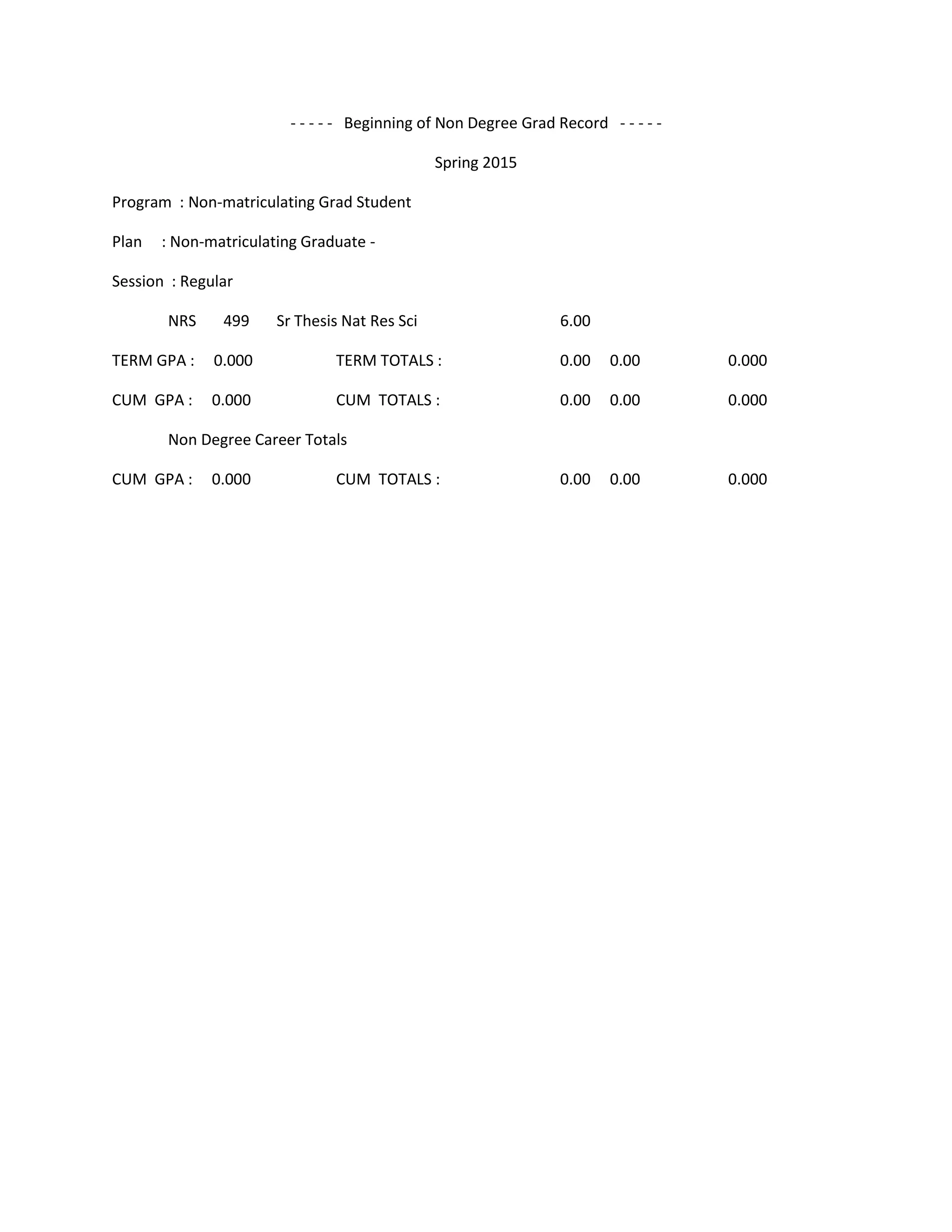 - - - - - Beginning of Non Degree Grad Record - - - - -
Spring 2015
Program : Non-matriculating Grad Student
Plan : Non-matriculating Graduate -
Session : Regular
NRS 499 Sr Thesis Nat Res Sci 6.00
TERM GPA : 0.000 TERM TOTALS : 0.00 0.00 0.000
CUM GPA : 0.000 CUM TOTALS : 0.00 0.00 0.000
Non Degree Career Totals
CUM GPA : 0.000 CUM TOTALS : 0.00 0.00 0.000
 