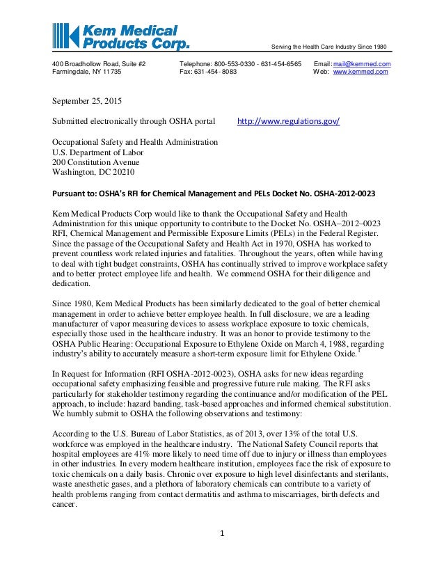 Kem Medical Response to OSHA RFI Docket No OSHA-2012-0023