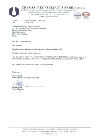 [Letter of Appointment] Chemsain Konsultant Sdn. Bhd. - Member of the Emergency Response Team