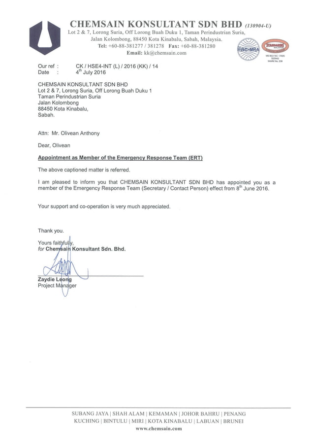 [Letter of Appointment] Chemsain Konsultant Sdn. Bhd. Member of the