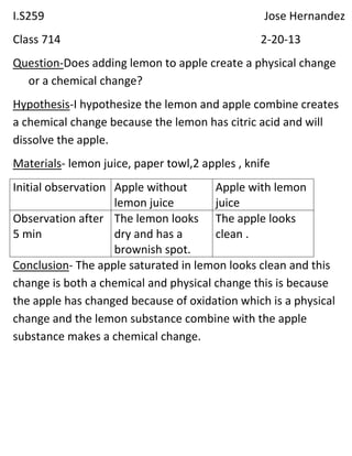 I.S259                                           Jose Hernandez
Class 714                                        2-20-13
Question-Does adding lemon to apple create a physical change
  or a chemical change?
Hypothesis-I hypothesize the lemon and apple combine creates
a chemical change because the lemon has citric acid and will
dissolve the apple.
Materials- lemon juice, paper towl,2 apples , knife
Initial observation Apple without      Apple with lemon
                    lemon juice        juice
Observation after The lemon looks The apple looks
5 min               dry and has a      clean .
                    brownish spot.
Conclusion- The apple saturated in lemon looks clean and this
change is both a chemical and physical change this is because
the apple has changed because of oxidation which is a physical
change and the lemon substance combine with the apple
substance makes a chemical change.
 