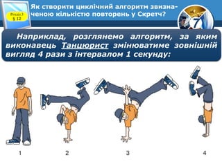 7
Як створити циклічний алгоритм звизна-
ченою кількістю повторень у Скретч?Розділ 3
§ 12
Наприклад, розглянемо алгоритм, за яким
виконавець Танцюрист змінюватиме зовнішній
вигляд 4 рази з інтервалом 1 секунду:
 