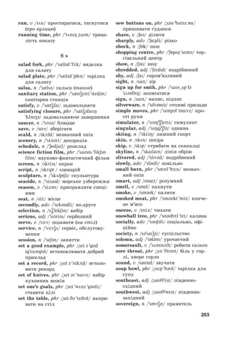 203
run, v /rön/ ïðîñòèðàòèñÿ, òÿãíóòèñÿ
(ïðî âóëèöþ)
running time, phr / röniÎ taim/ òðèâà-
ëіñòü ïîêàçó
S s
salad fork, phr / s ləd fþk/ âèäåëêà
äëÿ ñàëàòó
salad plate, phr / s ləd pleit/ òàðіëêà
äëÿ ñàëàòó
salsa, n / s ls@/ ñàëüñà (òàíîê)
sanitary station, phr / s ni
ətəri steiʃən/
ñàíіòàðíà ñòàíöіÿ
satisfy, v / s ti
əfai/ çàäîâîëüíÿòè
satisfying closure, phr / s ti
əsfaiiÎ
kləυʒə/ çàäîâîëüíÿþ÷å çàâåðøåííÿ
saucer, n / sþsə/ áëþäöå
save, v /seiv/ çáåðіãàòè
scald, n /skþld/ íåçíà÷íèé îïіê
scenery, n / sЦnəri/ äåêîðàöіÿ
schedule, n / ʃedjül/ ðîçêëàä
science fiction film, phr / saiəns fikʃən
film/ íàóêîâî-ôàíòàñòè÷íèé ôіëüì
screen, n /skrЦn/ åêðàí
script, n /skript / ñöåíàðіé
sculpture, n / skölptʃə/ ñêóëüïòóðà
seaside, n /sЦsaid/ ìîðñüêå óçáåðåææÿ
season, v / sЦzən/ ïðèïðàâëÿòè ñïåöі-
ÿìè
seat, n /sЦt/ ìіñöå
secondly, adv / sek@ndli/ ïî-äðóãå
selection, n /si
ə lekʃən/ âèáіð
serious, adj / siəriəs/ ñåðéîçíèé
serve, v /sÆ:v/ ïîäàâàòè (íà ñòіë)
service, n / sÆ:vi
əs/ ñåðâіñ, îáñëóãîâó-
âàííÿ
session, n / seʃən/ çàíÿòòÿ
set a good example, phr /set ə gυd
ig zÓmpəl/ âñòàíîâëþâàòè äîáðèé
ïðèêëàä
set a record, phr /set ə rekþd/ âñòàíî-
âèòè ðåêîðä
set of knives, phr /set əv naIvz/ íàáіð
êóõîííèõ íîæіâ
set one’s goals, phr /set wцnz gəυlz/
ñòàâèòè öіëі
set the table, phr /set Də teibəl/ íàêðè-
âàòè íà ñòіë
sew buttons on, phr /səυ bötnz Án/
ïðèøèâàòè ґóäçèêè
share, v /ʃeə/ äіëèòè
sharply, adv / ʃ pli/ ðіçêî
shock, n /ʃБk/ øîê
shopping centre, phr /ʃБpiÎ sent@/ òîð-
ãіâåëüíèé öåíòð
show, n /ʃəυ/ øîó
shredded, adj / ʃredid/ ïîäðіáíåíèé
shy, adj /ʃai/ ñîðîì’ÿçëèâèé
sight, n /sait/ çіð
sign up for smth, phr / sain öp fə
sцmTiÎ/ çàïèñàòèñÿ
sign, n /sain/ íàïèñ, ïіäïèñ
silverware, n /silvəweə/ ñòîëîâі ïðèëàäè
simple moves, phr / simpəl müvz/ ïðî-
ñòі ðóõè
simulator, n / simjυ
əleitə/ ñèìóëÿíò
singular, adj / siÎgjυ
ələ/ îäíèíà
skiing, n / skЦiÎ/ ëèæíèé ñïîðò
skin, n /skin/ øêіðà
skip, v /skip/ ñòðèáàòè íà ñêàêàëöі
skyline, n / skailain/ ëіíіÿ îáðіþ
slivered, adj / slivəd/ ïîäðіáíåíèé
slowly, adv / sləυli/ ïîâіëüíî
small burn, phr / smþl bÆ:n/ íåçíà÷-
íèé îïіê
smart, adj /sm t/ ðîçóìíèé
smell, v /smel/ ïàõíóòè
smoke, v /sməυk/ ïàëèòè
smoked meat, phr / sməυkt mЦt/ êîï÷å-
íå ì’ÿñî
sneeze, v /snЦz/ ÷èõàòè
snowball tree, phr /snəυbþl trÖ/ êàëèíà
socially, adv / s@υʃ@li/ ñîöіàëüíî, îôі-
öіéíî
society, n /sə saii
əti/ ñóñïіëüñòâî
solemn, adj / sБləm/ óðî÷èñòèé
somersault, v /sцm@sþlt/ ðîáèòè ñàëüòî
sore throat, phr /sþ TrəUt/ áіëü ó ãîð-
ëі, õâîðå ãîðëî
sound, v /saUnd/ çâó÷àòè
soup bowl, phr /süp bəυl/ òàðіëêà äëÿ
ñóïó
southeast, adj /saUT Цst/ ïіâäåííî-
ñõіäíèé
southwest, adj /saUT west/ ïіâäåííî-
çàõіäíèé
sovereign, n / sБvri
ən/ ïðàâèòåëü
 