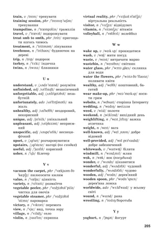 205
train, v /trein/ òðåíóâàòè
training session, phr / treiniŋ seʃən/
òðåíóâàííÿ
trampoline, n / tr mpəlЦn/ òðàìïëіí
travel, v / tr vəl/ ïîäîðîæóâàòè
treat smb to smth, phr /trЦt/ ïðèãîùà-
òè êîãîñü ÷èìîñü
treatment, n / trЦtmənt/ ëіêóâàííÿ
treehouse, n / trЦhaUs/ áóäèíî÷îê íà
äåðåâі
trip, n /trip/ ïîäîðîæ
turkey, n / tÆki/ іíäè÷êà
twins, n /twinz/ áëèçíþêè
U u
understand, v /цndə st nd/ ðîçóìіòè
unfinished, adj /цnfiniʃt/ íåçàêіí÷åíèé
unforgettable, adj /цnfəgetəbəl/ íåçà-
áóòíіé
unfortunately, adv /цn fþtʃənətli/ íà
æàëü
unhealthy, adj /цnhelTi/ íåçäîðîâèé,
íåêîðèñíèé
unique, adj /jυ nЦk/ óíіêàëüíèé
unpleasant, adj /цn plezənt/ íåïðèєì-
íèé
unspecific, adj /цnspe sIfIk/ íåñïåöè-
ôі÷íèé
upset, v /цpset/ ðîç÷àðîâóâàòèñÿ
upstairs, /цpsteəz/ íàãîðі (ïî ñõîäàõ)
useful, adj / jüsfəl/ êîðèñíèé
usher, n /цʃə/ áіëåòåð
V v
vacuum the carpet, phr / v kjuəm Də
k pi
ət/ ïèëîñîñèòè êèëèì
value, n / v ljü/ öіííіñòü
variety, n /vəraiti/ ðîçìàїòòÿ
vegetable peeler, phr / vedZtəbəl pЦlə/
÷èñòêà äëÿ îâî÷іâ
vegetable steamer, phr / vedZtəbəl
stЦmə/ ïàðîâàðêà
victory, n / vikt@ri/ ïåðåìîãà
view, n / vjü/ âèä, òî÷êà çîðó
village, ï / vilidZ/ ñåëî
violin, ï /vaiə lin/ ñêðèïêà
virtual reality, phr / vÆtʃuəl ri li
əti/
âіðòóàëüíà ðåàëüíіñòü
visitor, ï / vizi
ətə/ âіäâіäóâà÷
vitamin, ï / vitəmi
ən/ âіòàìіí
volleyball, n / vБlibþl/ âîëåéáîë
W w
wake up, v /weIk цp/ ïðîêèäàòèñÿ
wash, v /wБʃ/ ìèòè ïîñóä
waste, v /weist/ âèòðà÷àòè ìàðíî
wastebin, n / weIstbIn/ ñìіòíèê
water glass, phr / wþtə gl s/ ñêëÿíêà
äëÿ âîäè
water the flowers, phr / wþtə Də flaUəz/
ïîëèâàòè êâіòè
wealthy, adj / welTi/ êîøòîâíèé, áà-
ãàòèé
wear make-up, phr /weə meikцp/ íîñè-
òè ãðèì
website, n / websait/ ñòîðіíêà Іíòåðíåòó
wedding, n / wediŋ/ âåñіëëÿ
weed, v /wЦd/ ïîëîòè
weekend, ï /wЦk end/ âèõіäíèé äåíü
weighlifting, ï / weit liftiÎ/ âàæêà
àòëåòèêà
weight, ï /weit/ âàãà
well-known, adj / wel nəυn/ äîáðå
âіäîìèé
well-provided, adj / wel prə vaidId/
äîáðå çàáåçïå÷åíèé
whitewash, v / waitwБʃ/ áіëèòè
windmill, n / wind mil/ ìëèí
wok, n /wБk/ âîê (ïîñóäèíà)
wonder, v / wцndə/ öіêàâèòèñÿ
wonderful, adj / wцndəfəl/ ÷óäîâèé
wonderfully, / wцndəfəli/ ÷óäîâî
wooden, adj / wUdn/ äåðåâ’ÿíèé
wooden spoon, phr / wUdn spün/
äåðåâ’ÿíà ëîæêà
worldwide, adv / wÆld waid/ ó âñüîìó
ñâіòі
wound, n / wünd/ ðàíà
wrestling, n / resliŋ/áîðîòüáà
Y y
yoghurt, n / jБgət/ éîãóðò
 