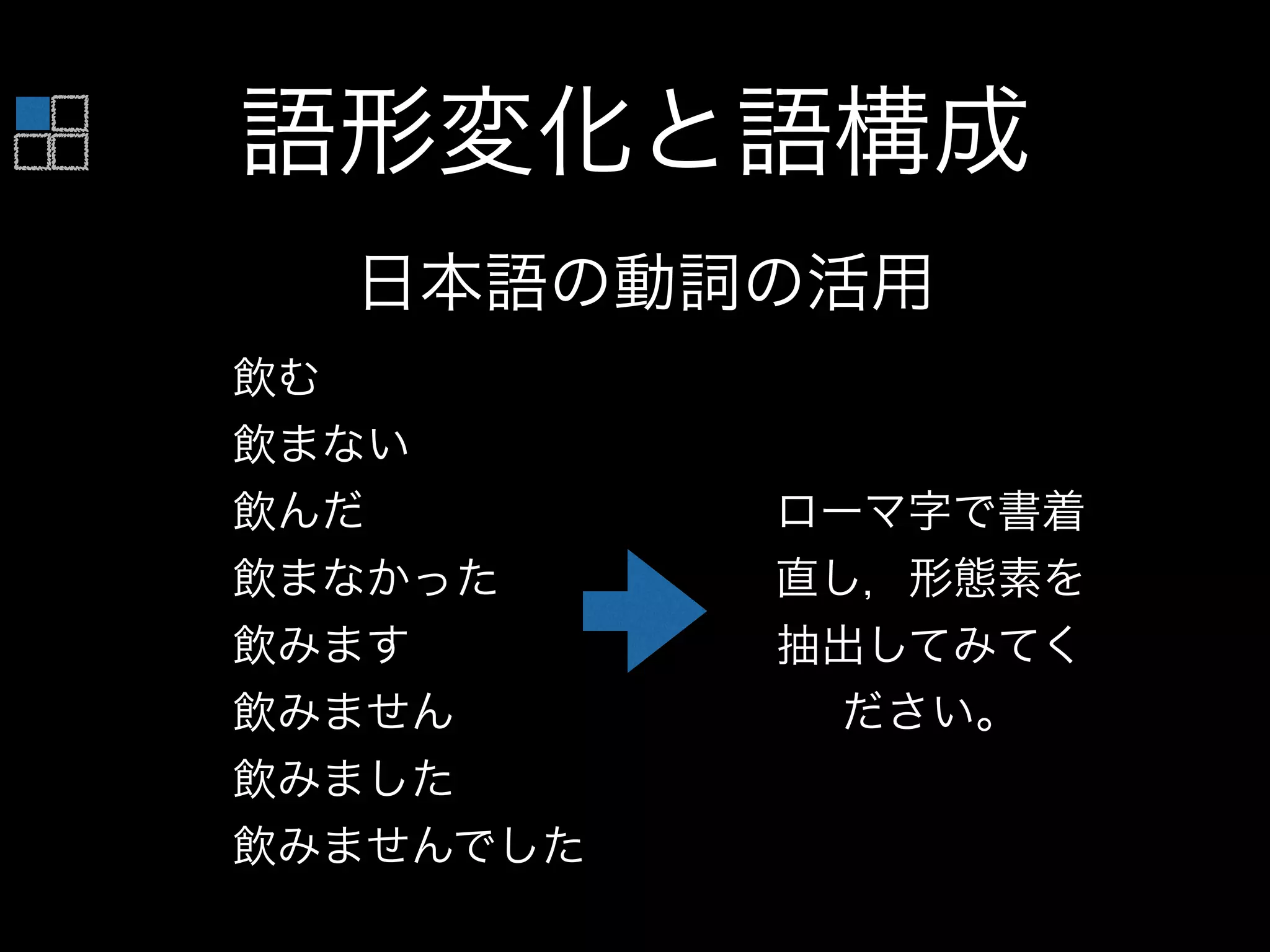 語形変化と語構成
日本語の動詞の活用
飲む
飲まない
飲んだ
飲まなかった
飲みます
飲みません
飲みました
飲みませんでした
ローマ字で書着
直し，形態素を
抽出してみてく
ださい。
 