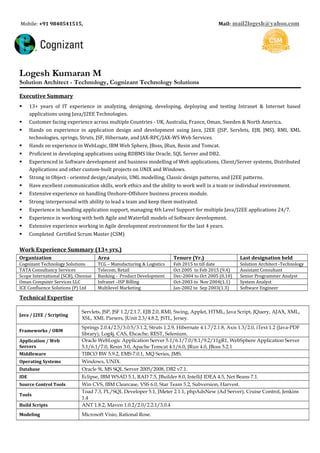 Mobile: +91 9840541515, Mail: mail2logesh@yahoo.com
Logesh Kumaran M
Solution Architect - Technology, Cognizant Technology Solutions
Executive Summary
 13+ years of IT experience in analyzing, designing, developing, deploying and testing Intranet & Internet based
applications using Java/J2EE Technologies.
 Customer facing experience across multiple Countries - UK, Australia, France, Oman, Sweden & North America.
 Hands on experience in application design and development using Java, J2EE (JSP, Servlets, EJB, JMS), RMI, XML
technologies, springs, Struts, JSF, Hibernate, and JAX-RPC/JAX-WS Web Services.
 Hands on experience in WebLogic, IBM Web Sphere, JBoss, JRun, Resin and Tomcat.
 Proficient in developing applications using RDBMS like Oracle, SQL Server and DB2.
 Experienced in Software development and business modelling of Web applications, Client/Server systems, Distributed
Applications and other custom-built projects on UNIX and Windows.
 Strong in Object - oriented design/analysis, UML modelling, Classic design patterns, and J2EE patterns.
 Have excellent communication skills, work ethics and the ability to work well in a team or individual environment.
 Extensive experience on handling Onshore-Offshore business process module.
 Strong interpersonal with ability to lead a team and keep them motivated.
 Experience in handling application support, managing 4th Level Support for multiple Java/J2EE applications 24/7.
 Experience in working with both Agile and Waterfall models of Software development.
 Extensive experience working in Agile development environment for the last 4 years.
 Completed Certified Scrum Master (CSM)
Work Experience Summary (13+ yrs.)
Organization Area Tenure (Yr.) Last designation held
Cognizant Technology Solutions TCG – Manufacturing & Logistics Feb 2015 to till date Solution Architect -Technology
TATA Consultancy Services Telecom, Retail Oct 2005 to Feb 2015 (9.4) Assistant Consultant
Scope International (SCB), Chennai Banking - Product Development Dec-2004 to Oct 2005 (0.10) Senior Programmer Analyst
Oman Computer Services LLC Infranet –ISP Billing Oct-2003 to Nov 2004(1.1) System Analyst
ICE Confluence Solutions (P) Ltd Multilevel Marketing Jan-2002 to Sep 2003(1.3) Software Engineer
Technical Expertise
Java / J2EE / Scripting
Servlets, JSP, JSF 1.2/2.1.7, EJB 2.0, RMI, Swing, Applet, HTML, Java Script, JQuery, AJAX, XML,
XSL, XML Parsers, JUnit 2.3/4.8.2, JSTL, Jersey.
Frameworks / ORM
Springs 2.0.4/2.5/3.0.5/3.1.2, Struts 1.2.9, Hibernate 4.1.7/2.1.8, Axis 1.3/2.0, iText 1.2 (Java-PDF
library), Log4j, CAS, Ehcache, REST, Selenium.
Application / Web
Servers
Oracle WebLogic Application Server 5.1/6.1/7.0/8.1/9.2/11gR1, WebSphere Application Server
5.1/6.1/7.0, Resin 3.0, Apache Tomcat 4.1/6.0, JRun 4.0, JBoss 5.2.1
Middleware TIBCO BW 5.9.2, EMS 7.0.1, MQ Series, JMS.
Operating Systems Windows, UNIX.
Database Oracle 9i, MS SQL Server 2005/2008, DB2 v7.1.
IDE Eclipse, IBM WSAD 5.1, RAD 7.5, JBuilder 8.0, IntelliJ IDEA 4.5, Net Beans 7.1.
Source Control Tools Win CVS, IBM Clearcase, VSS 6.0, Star Team 5.2, Subversion, Harvest.
Tools
Toad 7.3, PL/SQL Developer 5.1, JMeter 2.1.1, phpAdsNew (Ad Server), Cruise Control, Jenkins
1.4
Build Scripts ANT 1.8.2, Maven 1.0.2/2.0/2.2.1/3.0.4
Modeling Microsoft Visio, Rational Rose.
 