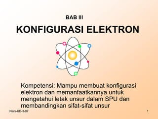 BAB III

KONFIGURASI ELEKTRON

Kompetensi: Mampu membuat konfigurasi
elektron dan memanfaatkannya untuk
mengetahui letak unsur dalam SPU dan
membandingkan sifat-sifat unsur
Nars-KD-3-07

1

 