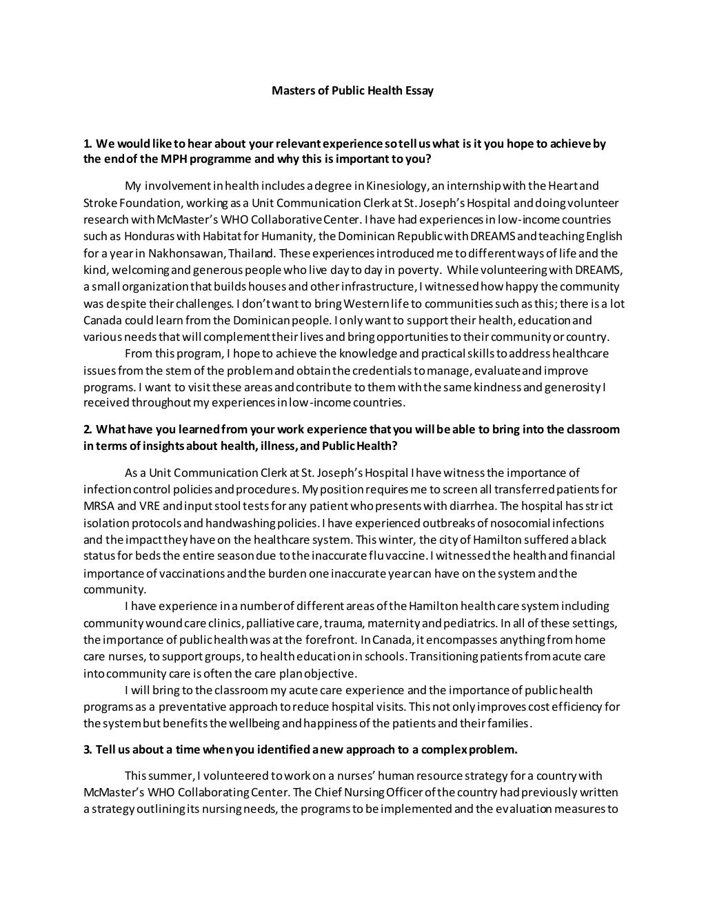 Masters Of Public Health Essay Questions
