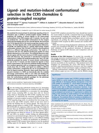 Ligand- and mutation-induced conformational
selection in the CCR5 chemokine G
protein-coupled receptor
Ravinder Abrola,1,2,3
, Bartosz Trzaskowskia,1,4
, William A. Goddard IIIa,1,2
, Alexandre Nesterovb
, Ivan Olaveb
,
and Christopher Ironsb
a
Materials and Process Simulation Center, California Institute of Technology, Pasadena, CA 91125; and b
PharmSelex Inc., Seattle, WA 98102
Contributed by William A. Goddard III, July 27, 2014 (sent for review January 25, 2014)
We predicted the structural basis for pleiotropic signaling of the C-C
chemokine type 5 (CCR5) G protein-coupled receptor (GPCR) by
predicting the binding of several ligands to the lower-energy
conformations of the CCR5 receptor and 11 mutants. For each case,
we predicted the ∼20 most stable conformations for the receptor
along with the binding sites for four anti-HIV ligands. We found that
none of the ligands bind to the lowest-energy apo-receptor confor-
mation. The three ligands with a similar pharmacophore (Maraviroc,
PF-232798, and Aplaviroc) bind to a specific higher-energy receptor
conformation whereas TAK-779 (with a different pharmacophore)
binds to a different high-energy conformation. This result is in
agreement with the very different binding-site profiles for these
ligands obtained by us and others. The predicted Maraviroc bind-
ing site agrees with the recent structure of CCR5 receptor cocrystal-
lized with Maraviroc. We performed 11 site-directed mutagenesis
experiments to validate the predicted binding sites. Here, we inde-
pendently predicted the lowest 10 mutant protein conformations
for each of the 11 mutants and then docked the ligands to these
lowest conformations. We found the predicted binding energies to
be in excellent agreement with our mutagenesis experiments. These
results show that, for GPCRs, each ligand can stabilize a different
protein conformation, complicating the use of cocrystallized struc-
tures for ligand screening. Moreover, these results show that a sin-
gle-point mutation in a GPCR can dramatically alter the available
low-energy conformations, which in turn alters the binding site,
potentially altering downstream signaling events. These studies val-
idate the conformational selection paradigm for the pleiotropic
function and structural plasticity of GPCRs.
protein structure prediction | ligand–protein binding prediction |
conformational ensemble | functional selectivity | GEnSeMBLE
Since the finding that individuals lacking the C-C chemokine
receptor type 5 (CCR5) gene are resistant to HIV, the CCR5
receptor has been established as a coreceptor for macrophage-
tropic viruses, including HIV, to enter host cells (1). Several
drugs aimed at disrupting the HIV–CCR5 coupling have been
developed. To understand the structural mechanism of ligand
binding to G protein-coupled receptors (GPCRs) and how these
CCR5 targeting drugs work, we predicted the low-energy struc-
tures of the apo CCR5 receptor, which in turn were used to
predict the binding sites for various ligands. The focus was on
ligands already known to inhibit CCR5: Maraviroc (MVC) (2),
PF-232798 (PF) (3), Aplaviroc (APL) (4), and TAK-779 (TAK) (5)
because there are abundant experimental data on their binding to
numerous CCR5 mutants, to test the predicted structures. The li-
gand structures are shown in Scheme S1. For three ligands (MVC,
PF, and APL), we predict a similar binding site pharmacophore
centered on a protonated nitrogen, whereas the other ligand (TAK)
containing a quaternary nitrogen leads to a very different binding
site pharmacophore. To validate our predictions, we identified 11
singly mutated CCR5 receptor forms selected to test the predicted
binding region for the ligands. The predicted structures of ligand-
bound CCR5 complexes presented here have already been used in
two recent studies to provide a structural basis for (i) biophysical
measurements (6) mapping the binding mode of MVC to CCR5
using genetically encoded photo–cross-linkers and (ii) viral entry
experiments (7) probing the basis for G protein-coupled and
-uncoupled CCR5 receptors by MVC-resistant and -sensitive HIV-
1 viruses.
While this work was being finalized for submission, the CCR5
receptor was crystallized with MVC (8), allowing a direct struc-
tural validation of the predicted structures as discussed in
Prediction of Ligand–CCR5 Structures and Comparison with the
Crystal Structure.
Results
Prediction of the CCR5 Structure. To predict the ensemble of
low-energy structures (conformations) for CCR5, we used the
GEnSeMBLE method (9), which performs a complete conforma-
tional sampling (∼11 billion) of transmembrane (TM) helix confor-
mations accessible in the membrane. This method starts with
templates for positioning the seven TM helices based on
available experimental/predicted structures and then samples
a large number of helix orientation angles as defined in Fig. 1.
During conformational sampling, we first sampled only the
helix rotation angles (η) (on a 15° grid), and the BiHelix energy
Significance
The C-C chemokine receptor type 5 (CCR5) G protein-coupled re-
ceptor (GPCR) is a prime target for preventing HIV invasion. A
major difficulty in developing effective therapeutics is that the
CCR5 exhibits an ensemble of ∼10–20 distinct low-energy con-
formations, each of which might favor binding to different
ligands and/or lead to different downstream functions. X-ray
structures generally provide only one of these conformations. We
applied the GEnSeMBLE methodology to predict this ensemble,
and we designed and carried out 11 experiments to validate the
ability of this ensemble to predict binding of an HIV therapeutic
to CCR5. We found that each of the mutations changes the
binding site. The predicted effects of mutations on binding are in
excellent agreement with experiments, providing CCR5 structures
for designing new ligands.
Author contributions: R.A. and W.A.G. designed research; R.A., B.T., W.A.G., A.N., I.O.,
and C.I. performed research; R.A., B.T., W.A.G., A.N., I.O., and C.I. analyzed data; and R.A.,
B.T., and W.A.G. wrote the paper.
The authors declare no conflict of interest.
1
R.A., B.T., and W.A.G. contributed equally to this work.
2
To whom correspondence may be addressed. Email: wag@wag.caltech.edu or abrolr@
csmc.edu.
3
Present address: Departments of Medicine and Biomedical Sciences, Cedars-Sinai Medical
Center, Los Angeles, CA 90048.
4
Present address: Centre of New Technologies, University of Warsaw, 02-089, Warsaw,
Poland.
This article contains supporting information online at www.pnas.org/lookup/suppl/doi:10.
1073/pnas.1413216111/-/DCSupplemental.
13040–13045 | PNAS | September 9, 2014 | vol. 111 | no. 36 www.pnas.org/cgi/doi/10.1073/pnas.1413216111
 