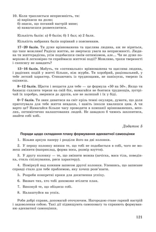 121
10. Êîëè òðàïëÿєòüñÿ íåïðèєìíіñòü, òè:
à) íàðіêàєø íà äîëþ;
á) çíàєø, ùî ïîãàíèé íàñòðіé ìèíå;
â) íàìàãàєøñÿ ðîçâåñåëèòèñÿ.
Êіëüêіñòü áàëіâ: à) 0 áàëіâ; á) 1 áàë; â) 2 áàëè.
Êіëüêіñòü íàáðàíèõ áàëіâ ïîðіâíÿé ç ïîÿñíåííÿì.
17–20 áàëіâ. Òè äóæå âðіâíîâàæåíà òà ùàñëèâà ëþäèíà, àæ íå âіðèòüñÿ,
ùî òàêå ìîæëèâî! Ðàäієø æèòòþ, íå çâåðòàєø óâàãè íà íåïðèєìíîñòі. Ëþäè-
íà òè æèòòєðàäіñíà, óñіì ïîäîáàєøñÿ ñâîїì îïòèìіçìîì, àëå... ×è íå äóæå ïî-
âåðõîâî é ëåãêîâіðíî òè ñïðèéìàєø æèòòєâі ïîäії? Ìîæëèâî, òðîõè òâåðåçîñòі
і ñêåïñèñó íå çàâàäèòü?
13–16 áàëіâ. Ìàáóòü, òè «îïòèìàëüíî» âðіâíîâàæåíà òà ùàñëèâà ëþäèíà,
і ðàäіñíèõ ïîäіé ó æèòòі áіëüøå, íіæ æóðáè. Òè õîðîáðèé, ðàöіîíàëüíèé, ó
òåáå ëåãêèé õàðàêòåð. Ñòèêàþ÷èñü іç òðóäíîùàìè, íå ïàíіêóєø, òâåðåçî їõ
îöіíþєø.
8–12 áàëіâ. Ùàñòÿ і íåùàñòÿ äëÿ òåáå — öå ôîðìóëà «50 íà 50». ßêùî òè
áàæàєø ñõèëèòè òåðåçè íà ñâіé áіê, íàìàãàéñÿ íå áîÿòèñÿ òðóäíîùіâ, çóñòðі-
÷àé їõ õîðîáðî, çâåðíèñÿ äî äðóçіâ, àëå íå çàëèøàé і їõ ó áіäі.
0–7 áàëіâ. Òè çâèê äèâèòèñÿ íà ñâіò êðіçü òåìíі îêóëÿðè, äóìàòè, ùî äîëÿ
ïðèãîòóâàëà äëÿ òåáå æèòòÿ íåâäàõè, і íàâіòü іíêîëè õâàëèøñÿ öèì. À ÷è
âàðòî öå? Íàìàãàéñÿ áіëüøå ÷àñó ïðîâîäèòè â êîìïàíії âðіâíîâàæåíèõ, âåñå-
ëèõ, îïòèìіñòè÷íî íàëàøòîâàíèõ ëþäåé. Íå çàâàäèëî á ÷èìîñü çàõîïèòèñÿ,
çíàéòè ñîáі õîáі.
Äîäàòîê 5
Поради щодо складання плану формування адекватної самооцінки
1. Âіçüìè àðêóø ïàïåðó і ðîçäіëè éîãî íà äâі êîëîíêè.
2. Ó ïåðøó êîëîíêó âïèøè òå, ùî òîáі íå ïîäîáàєòüñÿ â ñîáі, ÷îãî íå ìî-
æåø çìіíèòè (íàïðèêëàä, ôîðìà íîñà, ðîçìіð âçóòòÿ).
3. Ó äðóãó êîëîíêó — òå, ùî çìіíèòè ìîæíà (çà÷іñêà, ìàñà òіëà, ïîâåäіí-
êà, ñòèëü ñïіëêóâàííÿ, ðèñè õàðàêòåðó).
4. Ïîìіðêóé íàä êîæíèì çàïèñîì äðóãîї êîëîíêè. Óïåâíèñü, ùî çàïèñàíå
ñïðàâäі ñòàëî äëÿ òåáå ïðîáëåìîþ, ÿêó õî÷åø ðîçâ’ÿçàòè.
5. Ðîçðîáè êîíêðåòíі êðîêè äëÿ äîñÿãíåííÿ óñïіõó.
6. Âèçíà÷ òèõ, õòî òîáі äîïîìîæå âòіëèòè ïëàí.
7. Âèêîíóé òå, ùî îáіöÿєø ñîáі.
8. Íàëàøòóéñÿ íà óñïіõ.
Ðîáè äîáðі ñïðàâè, äîïîìàãàé îòî÷óþ÷èì. Íàãîðîäîþ ñòàíå ãàðíèé íàñòðіé
і çàäîâîëåííÿ ñîáîþ. Òàêі äії ïіäâèùóþòü ñàìîïîâàãó òà ñïðèÿþòü ôîðìóâàí-
íþ àäåêâàòíîї ñàìîîöіíêè.
 