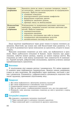 44
Ñîöіàëüíå
äîçðіâàííÿ
Çäàòíіñòü äіÿòè íå ëèøå ó âëàñíèõ іíòåðåñàõ, ïîâàãà
äî îòî÷óþ÷èõ, óìіííÿ íàëàãîäæóâàòè òà ïіäòðèìóâàòè
ñòîñóíêè. Íàáóòòÿ íàâè÷îê:
 óïåâíåíîї ïîâåäіíêè
 êîíñòðóêòèâíîãî ðîçâ’ÿçàííÿ êîíôëіêòіâ
 ôîðìóâàííÿ êîðèñíèõ çâè÷îê
 ïðèéíÿòòÿ çâàæåíèõ ðіøåíü
 ïðîòèäії òèñêó òà ìàíіïóëÿöіÿì
Ïñèõîëîãі÷íå
і äóõîâíå
äîçðіâàííÿ
Óñâіäîìëåííÿ òà äîäåðæàííÿ âàæëèâèõ æèòòєâèõ
ïðèíöèïіâ, ñòâîðåííÿ âëàñíîї ñèñòåìè æèòòєâèõ öіí-
íîñòåé. Íàáóòòÿ íàâè÷îê:
 ñàìîâäîñêîíàëåííÿ
 êåðóâàííÿ åìîöіÿìè
 ñïіâ÷óòòÿ, ïіêëóâàííÿ ïðî ñåáå òà іíøèõ
 òîëåðàíòíîãî âèñëîâëþâàííÿ ïî÷óòòіâ
 îïòèìіñòè÷íîãî ïîãëÿäó íà æèòòÿ
Іíîäі ïіäëіòêè ïåðåéìàþòüñÿ ÷åðåç ðіçíі òåìïè é ñòðîêè ñòàòåâîãî äî-
çðіâàííÿ. Ïàì’ÿòàé, ùî êîæåí ìàє ñâіé áіîëîãі÷íèé òåìï ðîçâèòêó. І òі,
õòî ðîñòå é ðîçâèâàєòüñÿ òðîõè ïîâіëüíіøå çà îäíîëіòêіâ, çãîäîì їõ íàçäî-
æåíóòü.
Âàæëèâî ïîçèòèâíî ñòàâèòèñÿ äî âñіõ çìіí, ùî âіäáóâàþòüñÿ â îðãà-
íіçìі. Âîíè çäåáіëüøîãî î÷іêóâàíі é áàæàíі. Àäæå ñâіä÷àòü ïðî äîðîñ-
ëіøàííÿ, íàáóòòÿ íîâîãî äîñâіäó, ïåðåõіä äî íîâîãî ïåðіîäó æèòòÿ. Âіä
ñòàâëåííÿ äî ñåáå â öåé ïåðіîä çàëåæàòèìå òâîє ñàìîïî÷óòòÿ é ñàìîîöіí-
êà. Ãàðíèé íàñòðіé, äîáðîçè÷ëèâå ñïіëêóâàííÿ, ïðèâіòíà óñìіøêà çàâæäè
ïðèâàáëþâàòèìóòü îäíîëіòêіâ.
Висновок
Ó ïіäëіòêîâîìó âіöі øâèäêî ðîñòåø і ðîçâèâàєøñÿ. Óñі çìіíè ïðèðîäíі.
Ó êîæíîãî âîíè âіäáóâàþòüñÿ іíäèâіäóàëüíî. Çíàþ÷è îçíàêè äîçðіâàííÿ,
ñòàâñÿ äî çìіí ïîçèòèâíî. Íå ïåðåéìàéñÿ ÷åðåç ïðîáëåìè, ïîâ’ÿçàíі ç ðîñ-
òîì і ðîçâèòêîì. Óïåâíåíіñòü і äîáðîçè÷ëèâіñòü äîïîìîæóòü ïîäîëàòè òèì-
÷àñîâі òðóäíîùі, ïðèòàìàííі ïіäëіòêîâîìó âіêó.
Завдання
1. ßêі çìіíè âіäáóâàþòüñÿ ó ôіçè÷íîìó ðîçâèòêó ïіäëіòêіâ?
2. ßêі çìіíè âіäáóâàþòüñÿ â åìîöіéíîìó ñòàíі ïіäëіòêіâ?
3. Ñõàðàêòåðèçóé îçíàêè ñîöіàëüíîãî äîçðіâàííÿ.
4. Ùî, íà òâîþ äóìêó, є íàéâàæëèâіøîþ îçíàêîþ òîãî, ùî ñòàâ äîðîñëèì?
5. Ïîìіðêóé, ÷îìó âàæëèâî ïîçèòèâíî ñòàâèòèñÿ äî çìіí â îðãàíіçìі â ïåðіîä
äîçðіâàííÿ.
Ситуаційні завдання
Ùî ïîðàäèø ó íàâåäåíèõ ñèòóàöіÿõ ïіäëіòêàì?
 ×åðåç âèñîêèé çðіñò іç äіâ÷èíêè ãëóçóþòü îäíîëіòêè.
 ×åðåç íåâèñîêèé çðіñò ç õëîï÷èêîì íå äðóæàòü îäíîëіòêè.
?
 