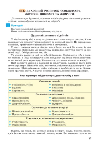 57
§14. ÄÓÕÎÂÍÈÉ ÐÎÇÂÈÒÎÊ ÎÑÎÁÈÑÒÎÑÒІ.
ÆÈÒÒЄÂІ ÖІÍÍÎÑÒІ ÒÀ ÇÄÎÐÎÂ’ß
Äіçíàєøñÿ ïðî äóõîâíèé ðîçâèòîê ïіäëіòêіâ; ðîëü öіííîñòåé ó æèòòі
ëþäèíè; âïëèâ îáðàíèõ öіííîñòåé íà çäîðîâ’ÿ
Пригадай
Ùî òàêå ãàðìîíіéíèé ðîçâèòîê?
Íàçâè îñîáëèâîñòі åìîöіéíîãî ðîçâèòêó ïіäëіòêіâ.
Äóõîâíèé ðîçâèòîê ïіäëіòêіâ
Ó ïіäëіòêîâîìó âіöі õëîïöі òà äіâ÷àòà íå òіëüêè øâèäêî ðîñòóòü. Ó íèõ
ðîçâèâàþòüñÿ іíòåëåêòóàëüíі çäіáíîñòі òà ìîðàëüíі ÿêîñòі. Öå ïåðіîä ñàìî-
ïіçíàííÿ, êðèòè÷íîãî îöіíþâàííÿ ñåáå é îòî÷óþ÷èõ.
Ó æèòòі ëþäèíà çàâæäè îáèðàє: ùî ðîáèòè, íà ÷èé áіê ñòàòè, іç ÷èì
ïîãîäèòèñÿ. Âіäïîâіäíî äî õàðàêòåðó, âèõîâàííÿ, ïî÷óòòіâ ðåàãóє íà ùî-
äåííі ïîäії. Îáìіðêóâàâøè âñå, äіє.
Òè â÷èøñÿ ðîçóìіòè ñâîї ïîòðåáè é áàæàííÿ. Ïîðіâíþþ÷è ñåáå ç іíøè-
ìè ëþäüìè, à іíîäі íàñëіäóþ÷è їõíþ ïîâåäіíêó, îöіíþєø âëàñíі ïîçèòèâíі
òà íåãàòèâíі ðèñè õàðàêòåðó. Ó÷èøñÿ êîíòðîëþâàòè â÷èíêè òà åìîöії.
Ùîá äîñÿãàòè óñïіõіâ ó íàâ÷àííі òà ñïіëêóâàííі, âàæëèâî çíàòè ðèñè
ñâîãî õàðàêòåðó. Ïіçíàþ÷è ñåáå, çíàòèìåø, ÿêі ðèñè ñëіä ðîçâèíóòè é óäî-
ñêîíàëèòè. Ùîá çìіíèòèñÿ, òðåáà óñâіäîìèòè íåîáõіäíіñòü çìіí. Îáðàòè,
ÿêèì ïðàãíåø ñòàòè. À âіäòàê ïî÷àòè âäîñêîíàëþâàòè ðèñè õàðàêòåðó.
Риси характеру, які допоможуть досягти успіху в житті
Ñòàâëåííÿ äî ñåáå
 Óïåâíåíіñòü ó ñîáі
 Ãіäíіñòü
 Ñêðîìíіñòü
 Âèòðèìêà і ñàìîâëàäàííÿ
 Ñèëà âîëі
 Îõàéíіñòü
Ñòàâëåííÿ äî îòî÷óþ÷èõ
 Ñïðàâåäëèâіñòü
 Ïðèíöèïîâіñòü
 Äîáðîçè÷ëèâіñòü
 Äîäåðæàííÿ ñëîâà, îáіöÿíîê
 ×åñíіñòü, ùèðіñòü
 Ùåäðіñòü
Ñòàâëåííÿ äî íàâ÷àííÿ é ïðàöі
 Öіëåñïðÿìîâàíіñòü
 Ïðàöåëþáíіñòü
 Îðãàíіçîâàíіñòü
 Äèñöèïëіíîâàíіñòü
Ñòàâëåííÿ äî íàâêîëèøíüîãî ñåðåäîâèùà
 Òóðáîòëèâіñòü
 Îùàäëèâіñòü
 Ãóìàííіñòü
 Îáåðåæíіñòü
Âіäîìî, ùî ëþäè, ÿêі äîñÿãëè óñïіõó â ñïîðòі, íàóöі, áіçíåñі, ìàþòü,
êðіì іíøèõ ïîçèòèâíèõ ÿêîñòåé, ñèëüíó âîëþ. Áåç âîëüîâèõ çóñèëü íå-
!
 