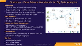 Workflows
• 1000s of stats, machine and deep learning
• Supervised learning - models, ensambles
• Unsupervised learning - anomaly detection, clustering
• 100s native validated step nodes, workflows
Data Blending
• Traditional - SQL sources, Flat Files
• Big Data - HDFS in, out, data maps
Models and Rules Management
• Deployment Code generators
(C/C#/PMML/Java(POJO,MapReduce)/Teradata/SAS)
• Audit, validation, user and version control
Collaboration
• Scripted nodes (use/manage): R, Python, Scala, C#
• Algorithmic marketplaces plugins
Big Data
• In-database analytics
• H20, Spark Nodes
• Deep Learning (CNTK) © Copyright 2000-2017 TIBCO Software Inc.
Statistica - Data Science Workbench for Big Data Analytics
 
