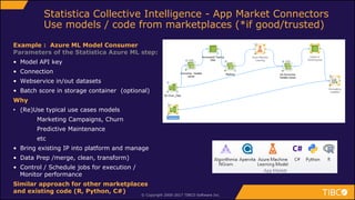 © Copyright 2000-2017 TIBCO Software Inc.
Statistica Collective Intelligence - App Market Connectors
Use models / code from marketplaces (*if good/trusted)
Example : Azure ML Model Consumer
Parameters of the Statistica Azure ML step:
• Model API key
• Connection
• Webservice in/out datasets
• Batch score in storage container (optional)
Why
• (Re)Use typical use cases models
Marketing Campaigns, Churn
Predictive Maintenance
etc
• Bring existing IP into platform and manage
• Data Prep /merge, clean, transform)
• Control / Schedule jobs for execution /
Monitor performance
Similar approach for other marketplaces
and existing code (R, Python, C#)
 