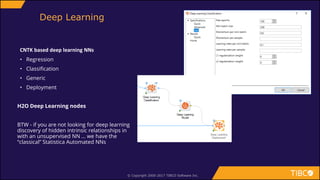© Copyright 2000-2017 TIBCO Software Inc.
Deep Learning
CNTK based deep learning NNs
• Regression
• Classification
• Generic
• Deployment
H2O Deep Learning nodes
BTW - if you are not looking for deep learning
discovery of hidden intrinsic relationships in
with an unsupervised NN … we have the
“classical” Statistica Automated NNs
 