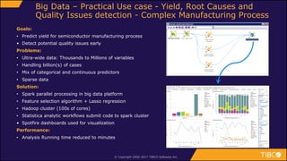 © Copyright 2000-2017 TIBCO Software Inc.
Goals:
• Predict yield for semiconductor manufacturing process
• Detect potential quality issues early
Problems:
• Ultra-wide data: Thousands to Millions of variables
• Handling billion(s) of cases
• Mix of categorical and continuous predictors
• Sparse data
Solution:
• Spark parallel processing in big data platform
• Feature selection algorithm + Lasso regression
• Hadoop cluster (100s of cores)
• Statistica analytic workflows submit code to spark cluster
• Spotfire dashboards used for visualization
Performance:
• Analysis Running time reduced to minutes
Big Data – Practical Use case - Yield, Root Causes and
Quality Issues detection - Complex Manufacturing Process
 